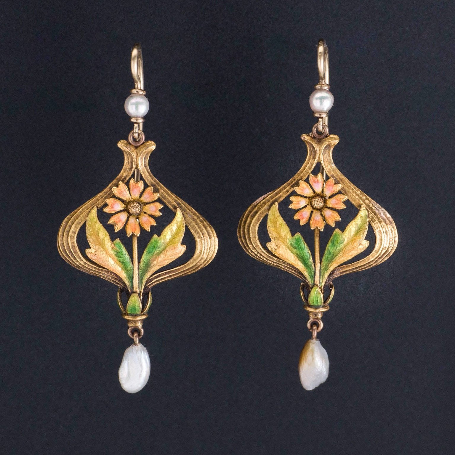 Flower earrings | 10k Gold Enamel & Pearl Flower Earrings 