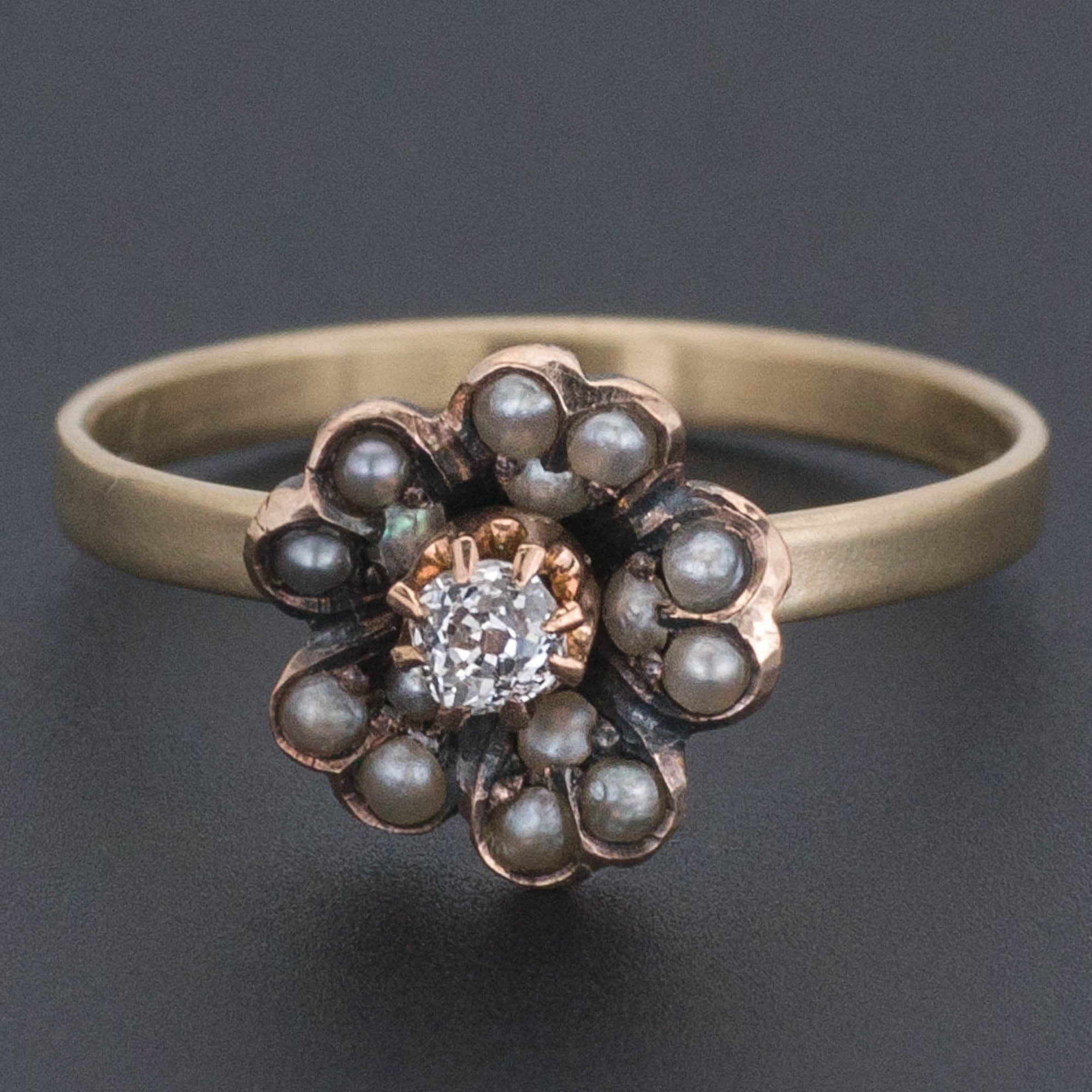 Diamond and Pearl Flower Ring | Antique Pin Conversion Ring 