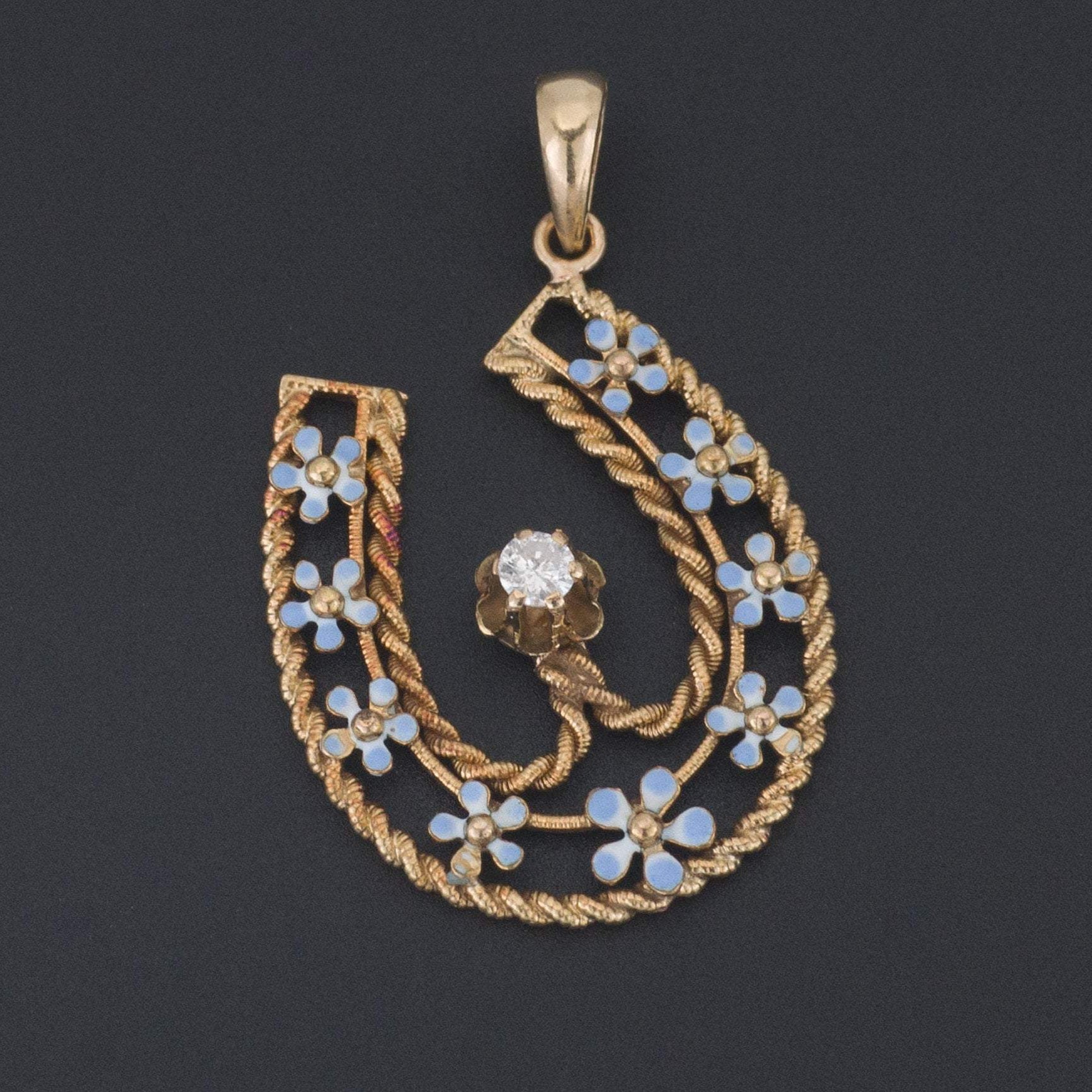 Horseshoe Pendant | 14k Gold Diamond & Enamel Horseshoe | Antique Horseshoe Pendant