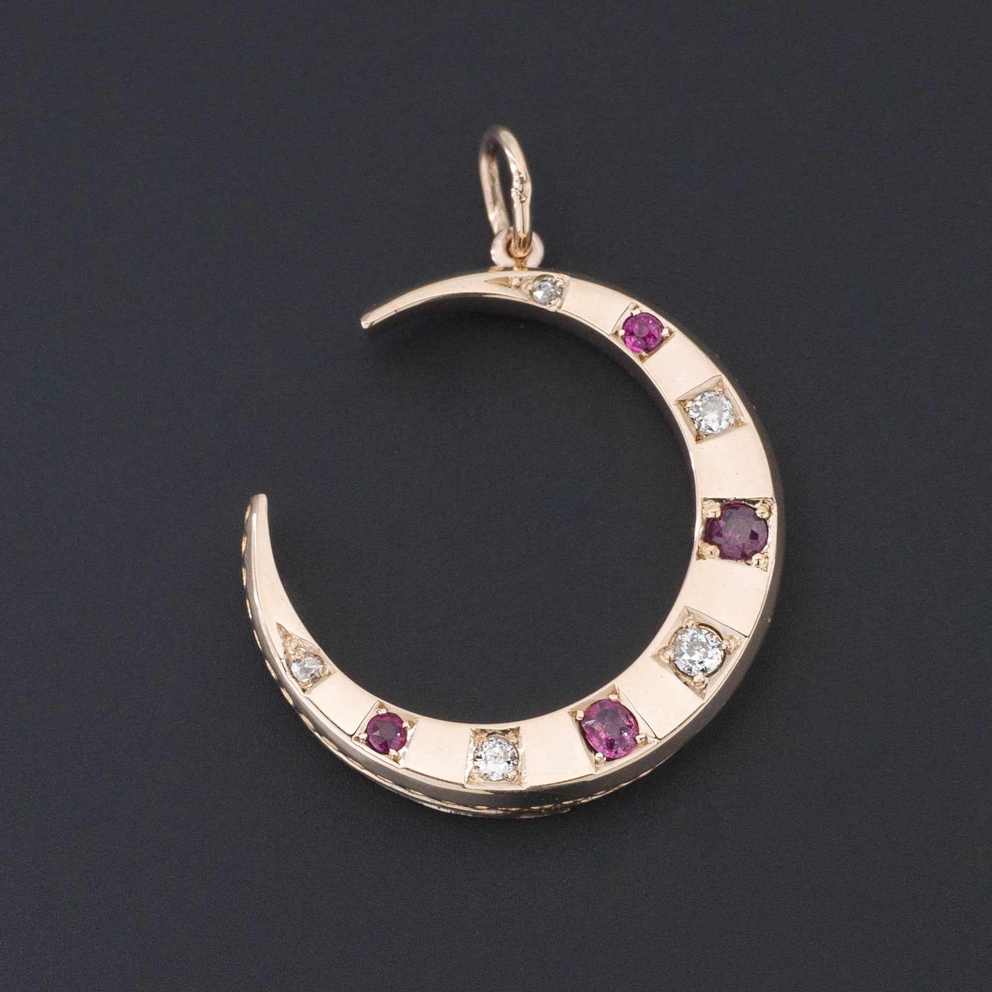 Crescent Pendant | 14k Gold Diamond & Ruby Crescent Pendant | Antique Pin Conversion | Antique Crescent | 14k Gold Crescent