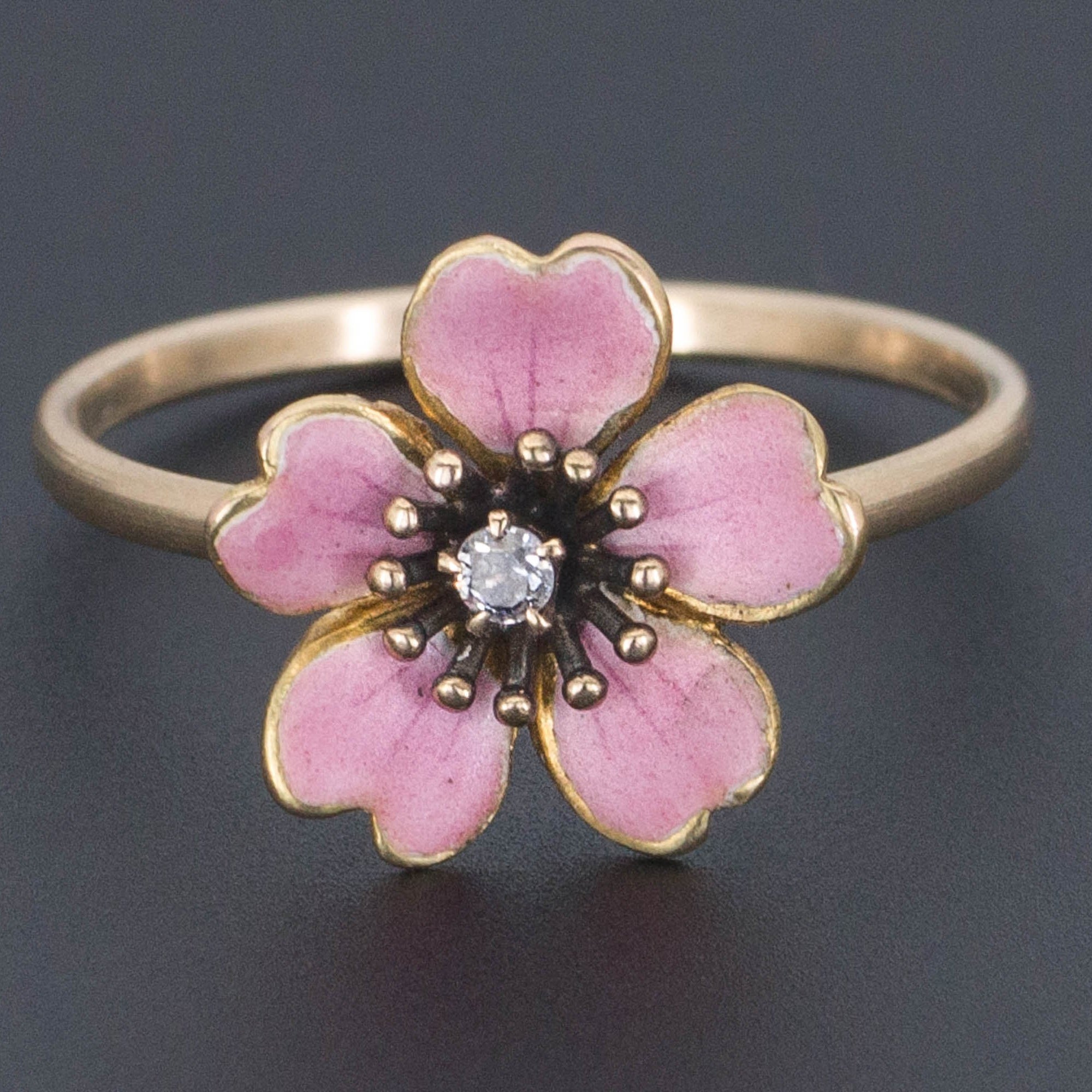 Antique Pink Flower Ring | 14k Gold Flower Ring | Cherry Blossom Ring | Pink Enamel Ring | Antique Stick Pin Ring