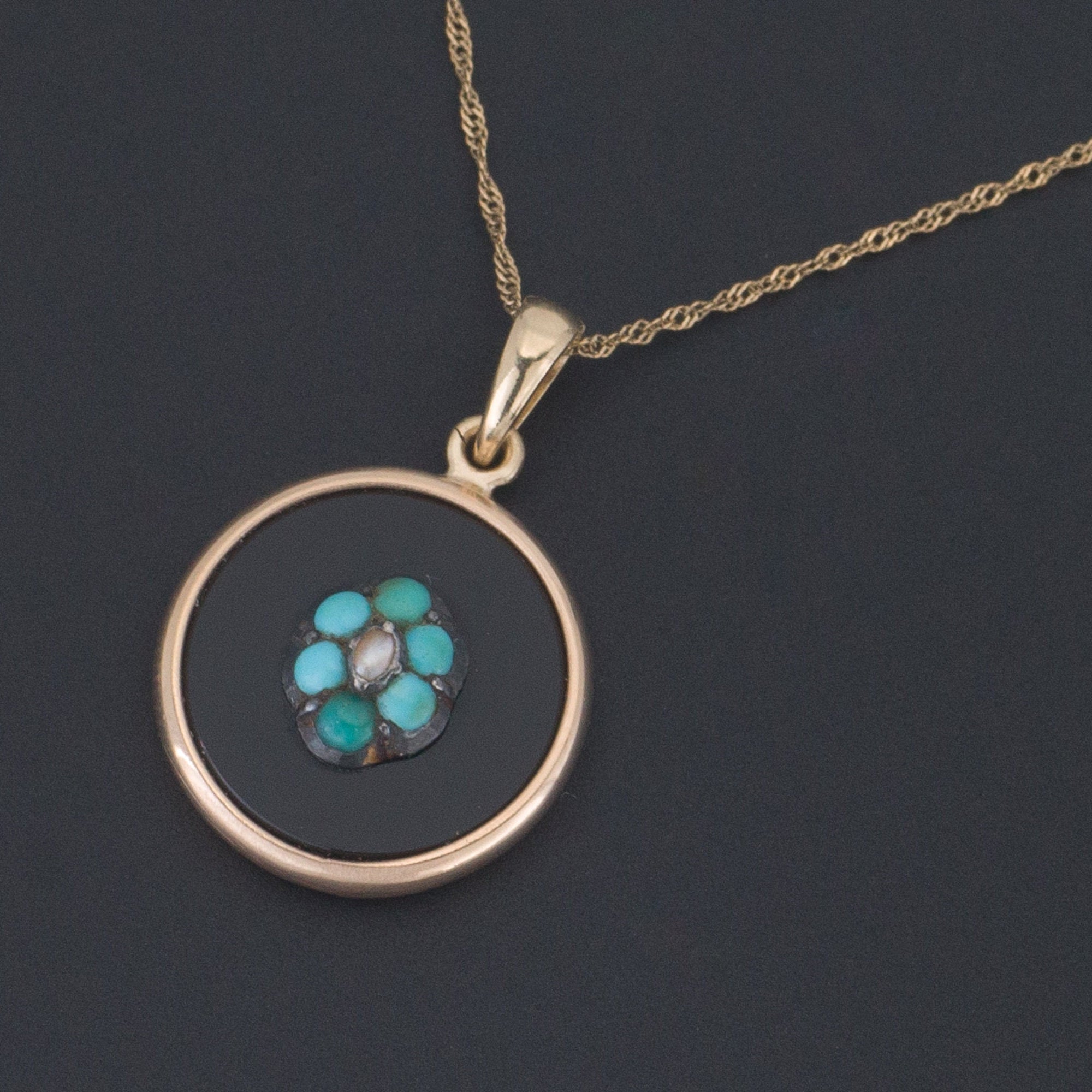 Forget me Not Flower Pendant | Turquoise & Pearl Flower on Onyx 