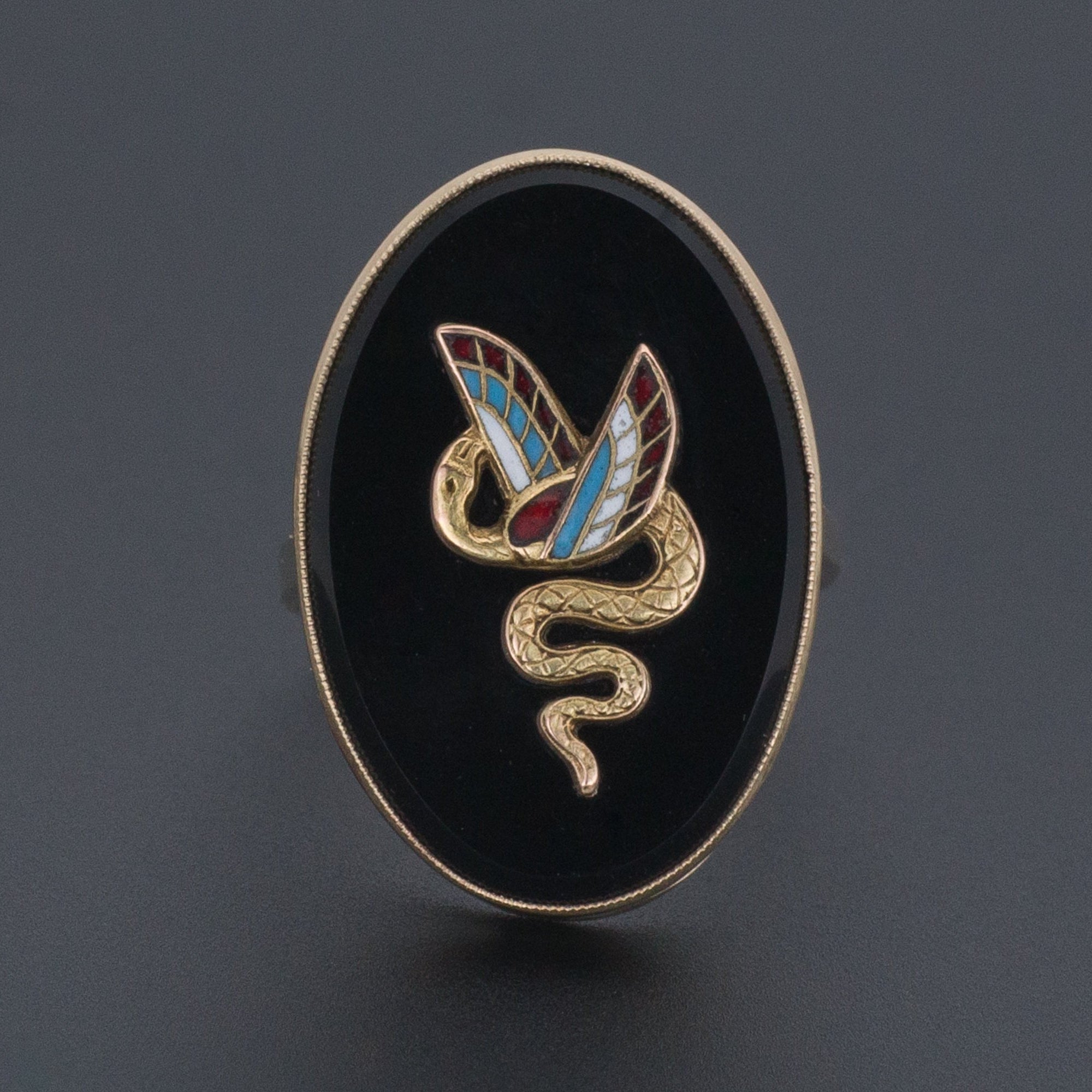 14k Gold Winged Serpent Ring | Egyptian Revival Ring | Onyx & Enamel Ring | Antique Pin Conversion Ring | Onyx Ring