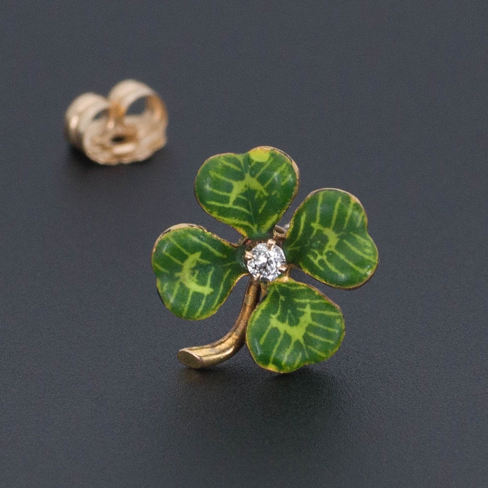 Four Leaf Clover Single Stud Earring | Antique Stick Pin Conversion Earring | 14k Gold & Diamond Clover Earring