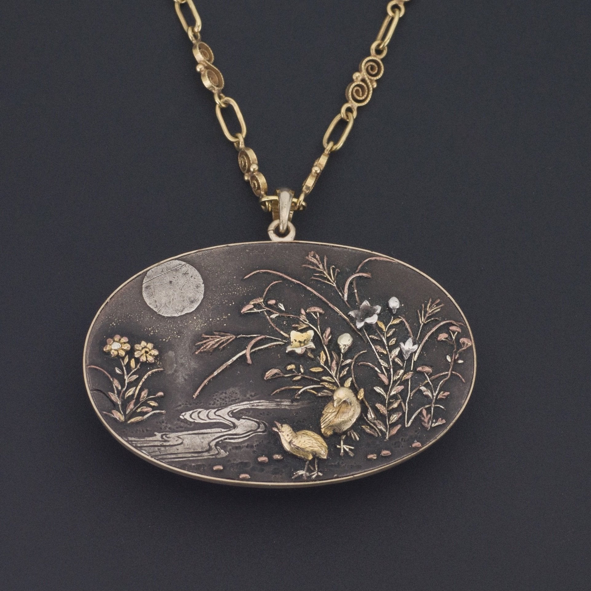 Shakudo Pendant | Antique Shakudo Piece set in 14k gold with an Optional 18k Chain | Quail Bird Pendant