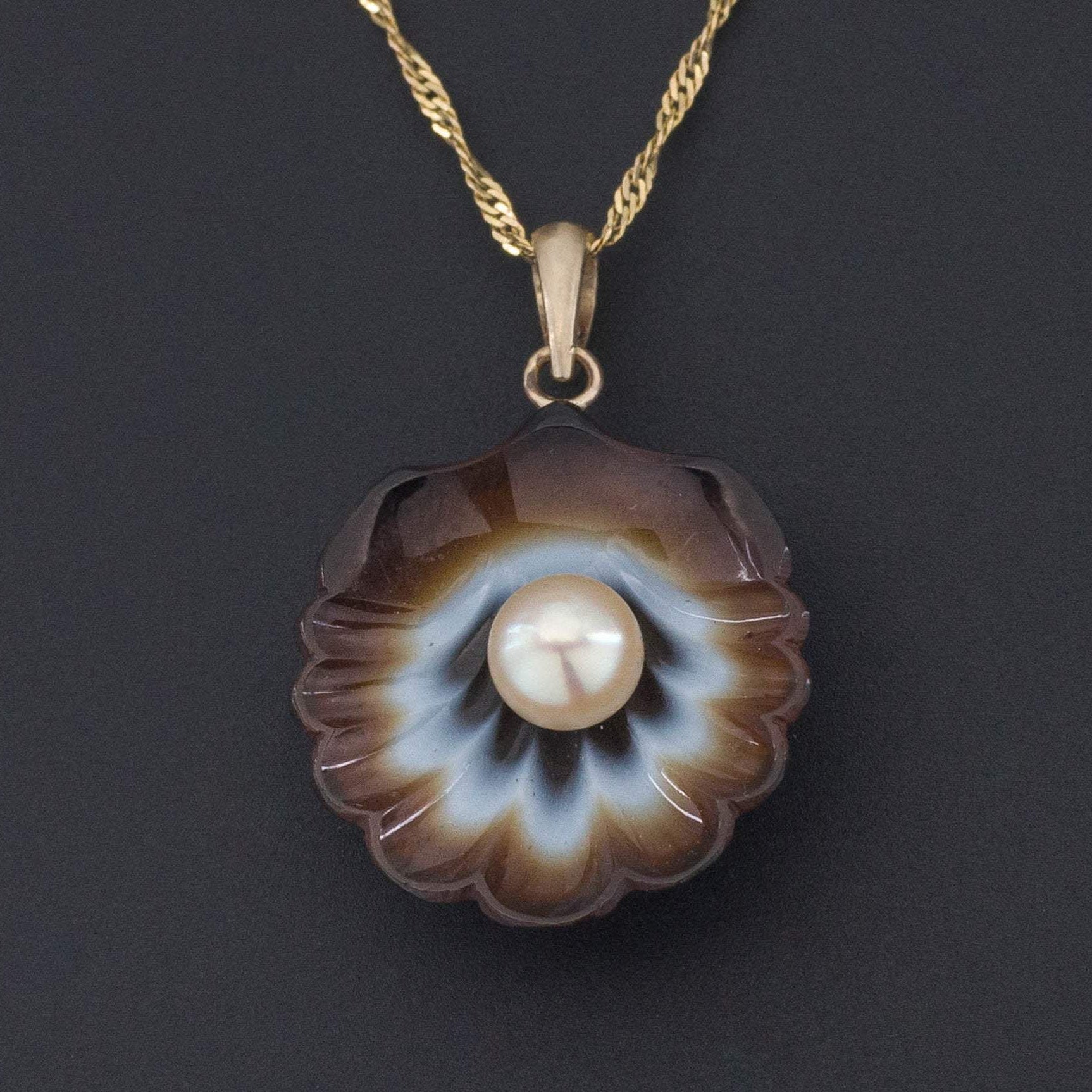 Banded Agate Shell Pendant | Antique Banded Agate Shell Pendant | Antique Pin Conversion Necklace | 14k Pendant on Optional 10k Chain