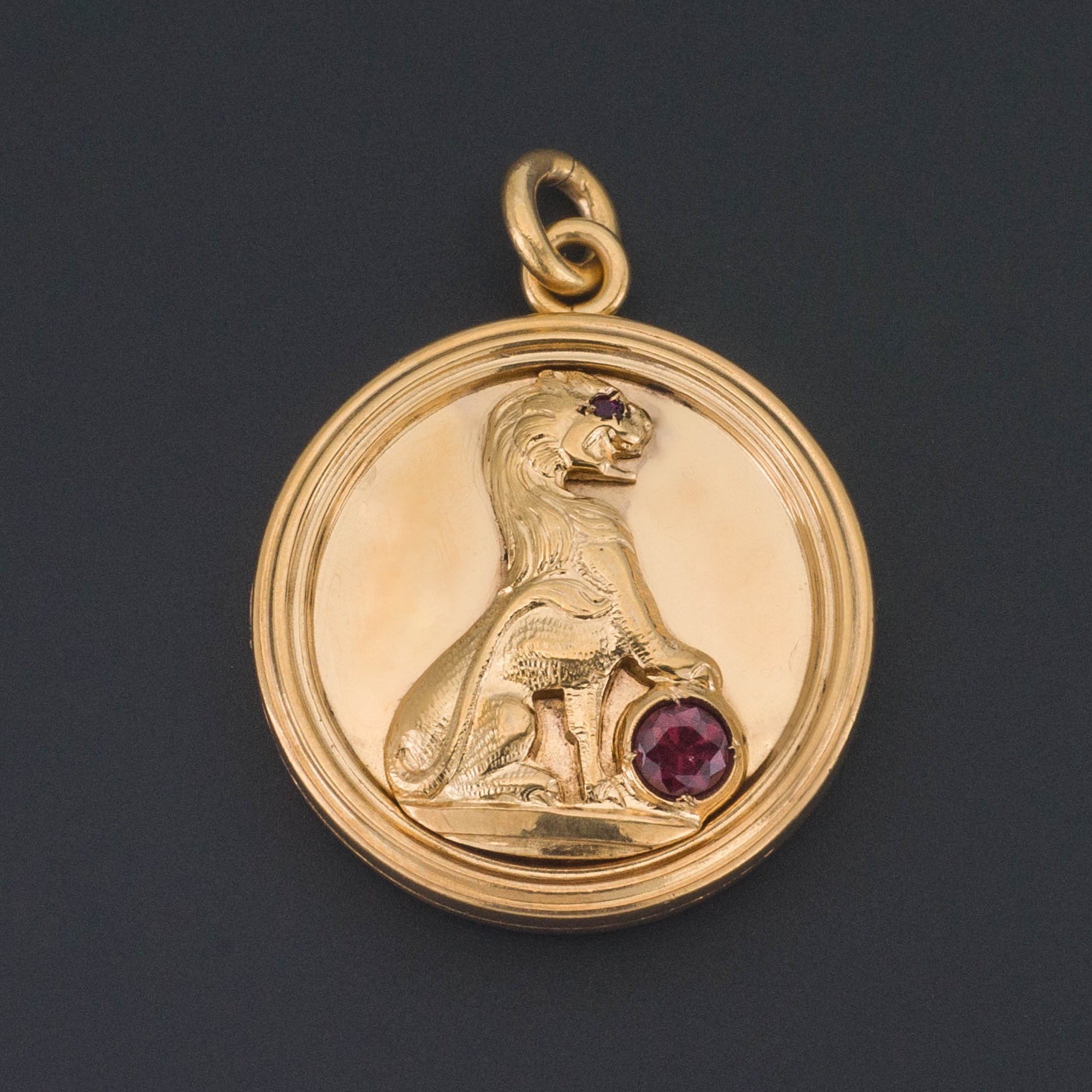 Lion Locket | Antique Lion Locket | 14k Gold & Garnet Locket | Antique Locket | Gold Locket | Leo Zodiac Locket