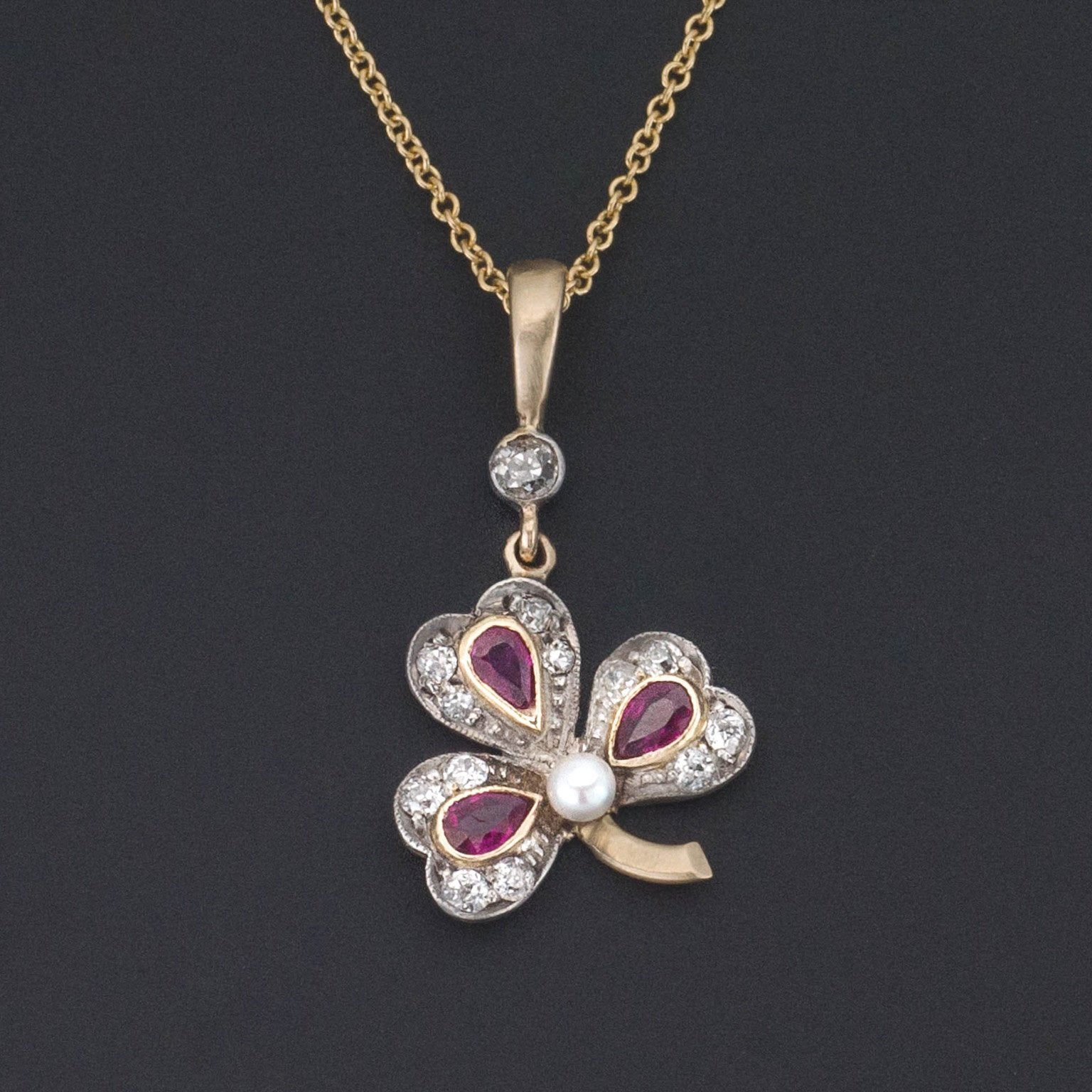 Diamond Shamrock Pendant | Diamond and Ruby Pendant | Antique Pin Conversion | 14k Gold & Platinum Pendant on 14k Chain