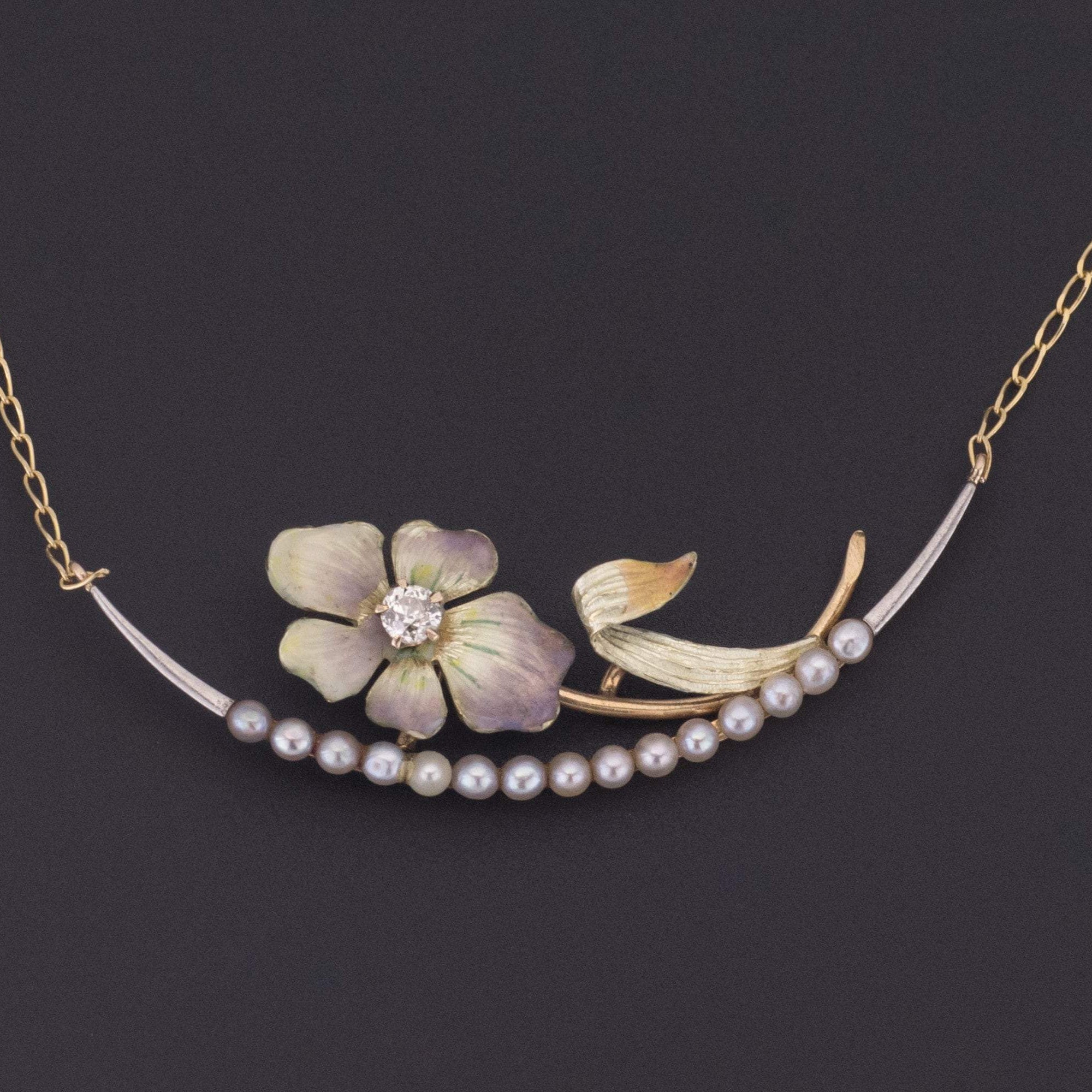 Antique Enamel Flower Necklace | 14k Gold Necklace 