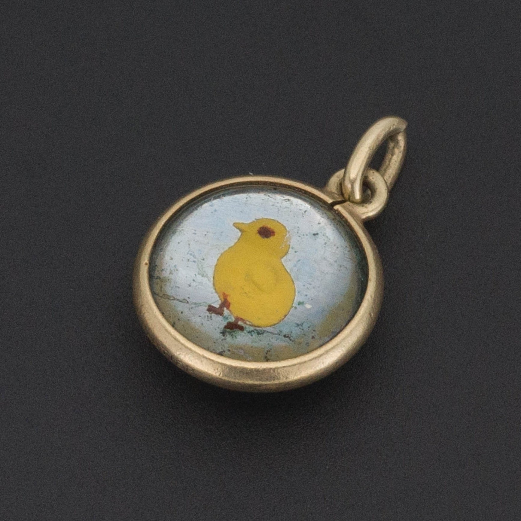 Rabbit and Duck Charm | Antique Reverse Carved & Painted Glass Charm | 14k Gold Charm