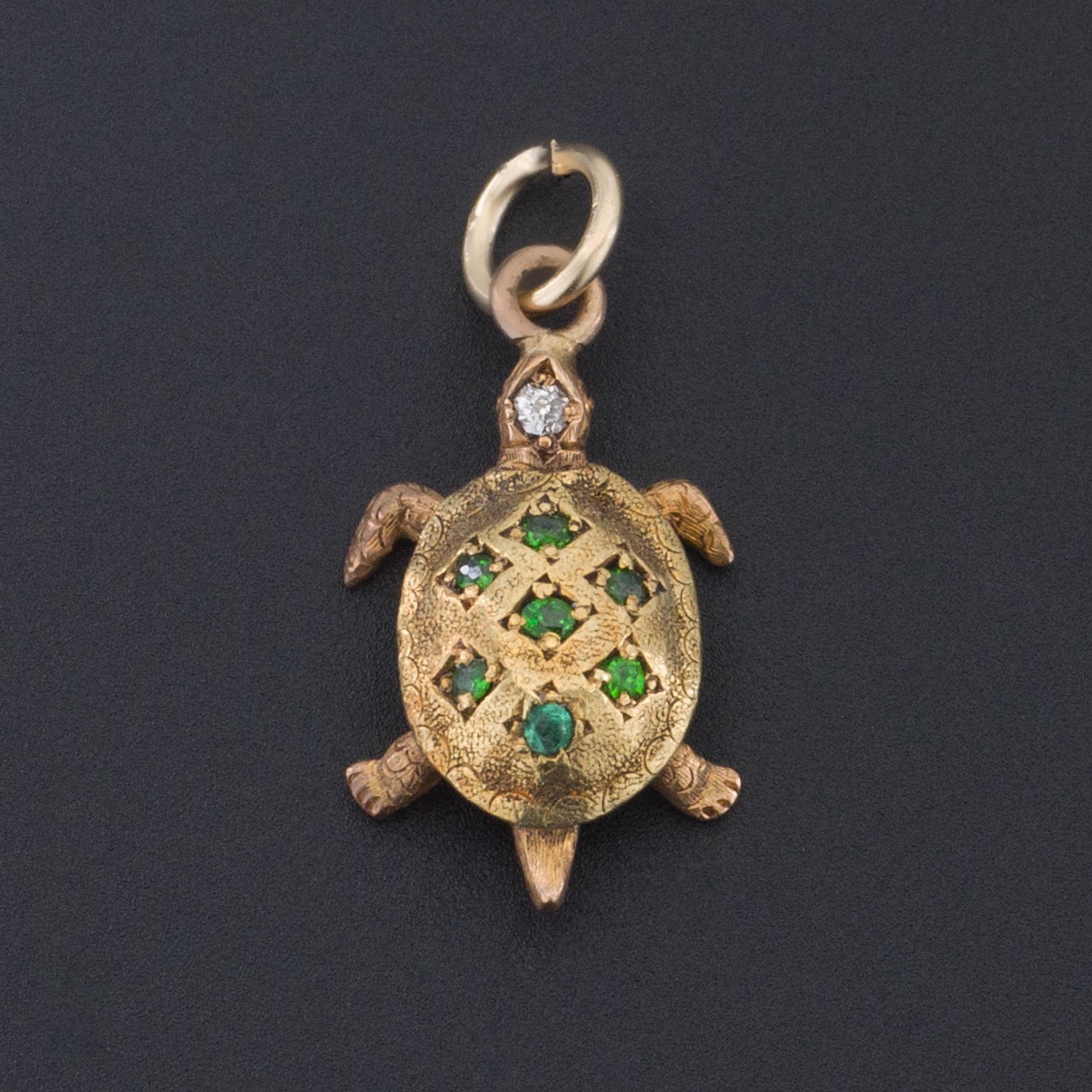 Antique Turtle Charm | 14k Gold Turtle Charm or Pendant | Pin Conversion | Diamond and Demantoid Garnet Turtle