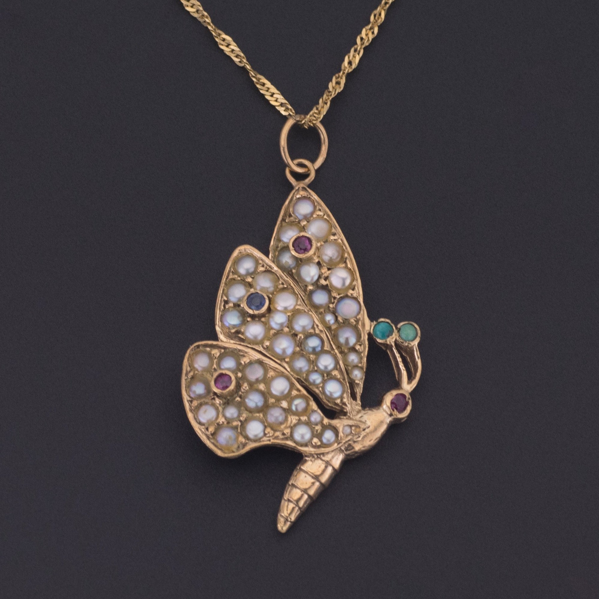 14k Gold Butterfly Pendant | Bu | Pearl & Gemstone Butterfly Pendant on Optional 14k Chain