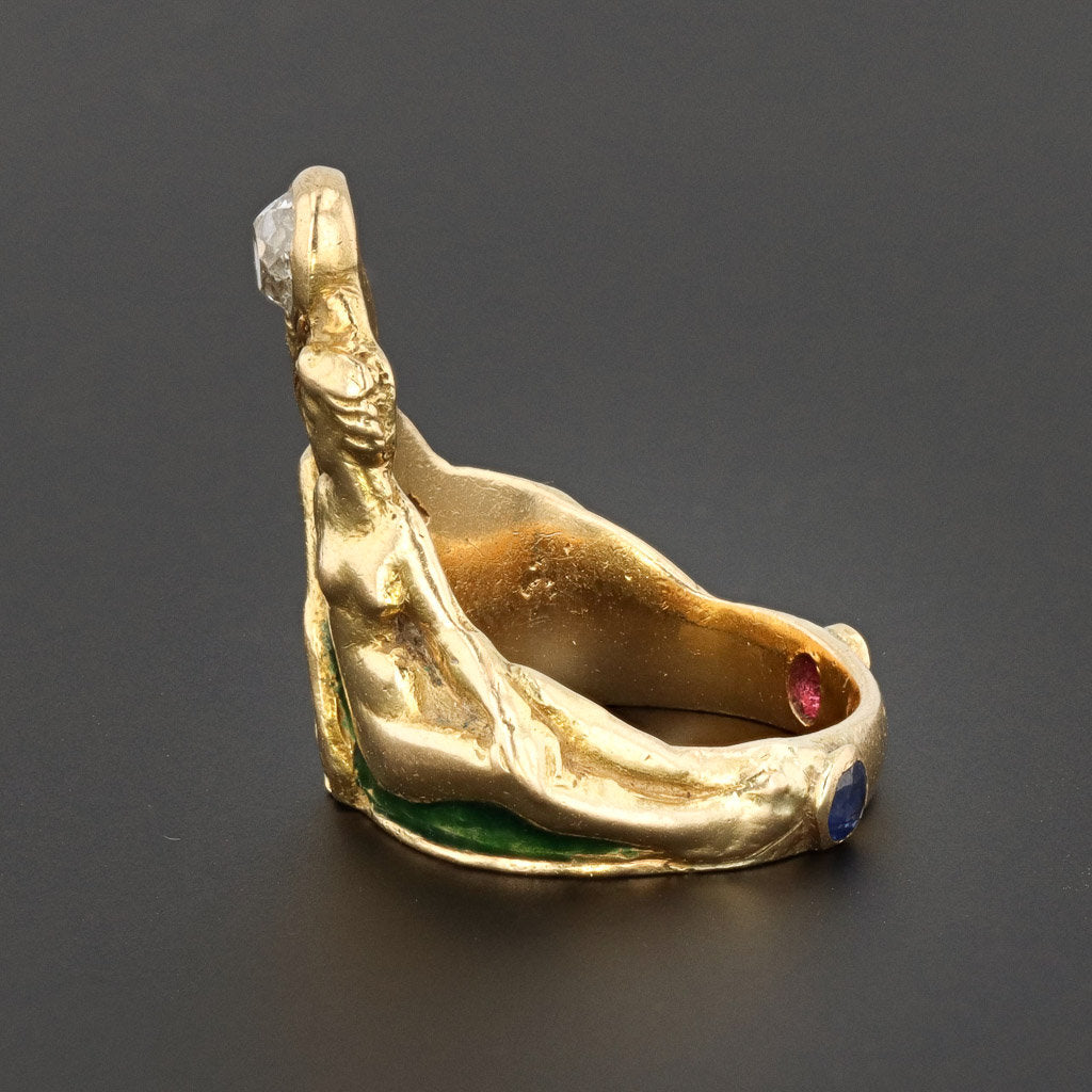 Antique Nouveau Scarf Ring Gold Platinum Turquoise Diamonds French Unisex (7015)