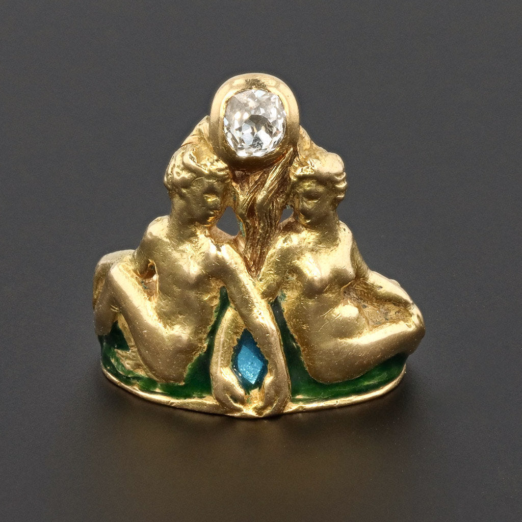 Art Nouveau Ring | Antique Ring | Man & Woman Ring | 18k Gold Enamel and Diamond Ring | Antique Figural Ring