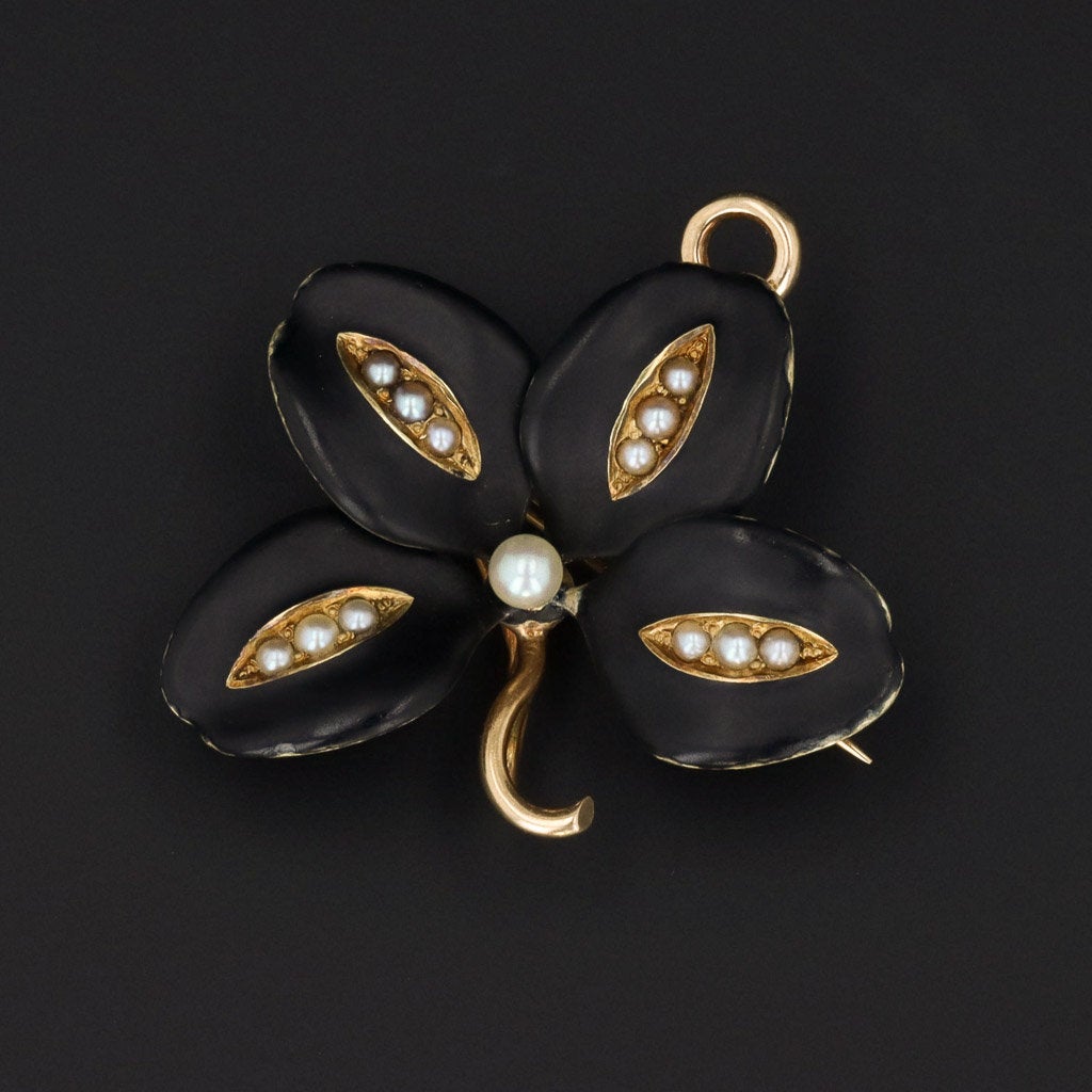 Antique Clover Brooch or Pendant | Black Enamel & Pearl Clover | 14k Gold Brooch