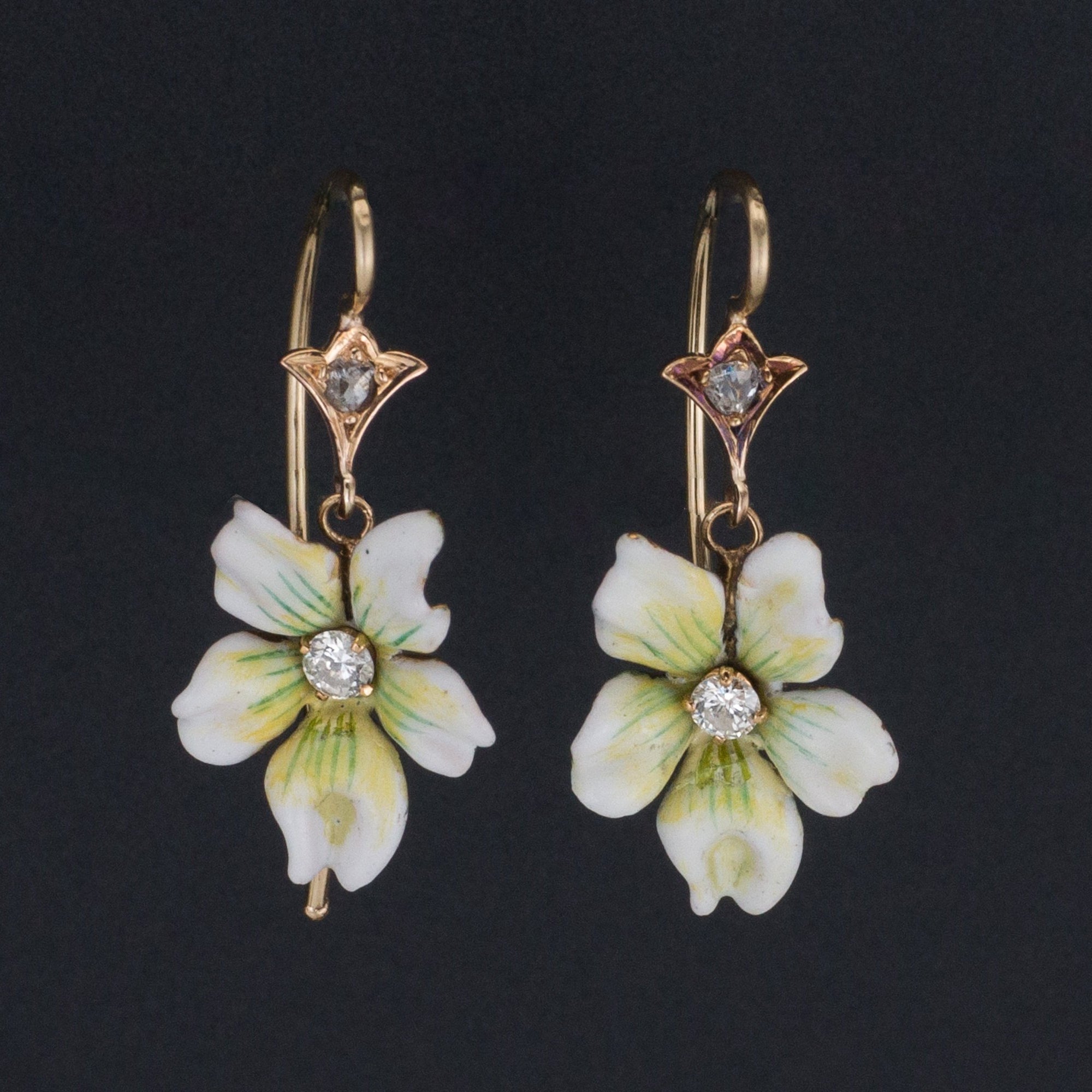 White Violet Earrings | 14k Enamel Flower Earrings | Antique Violet Earrings with Diamonds | Antique Pin Conversion Earrings