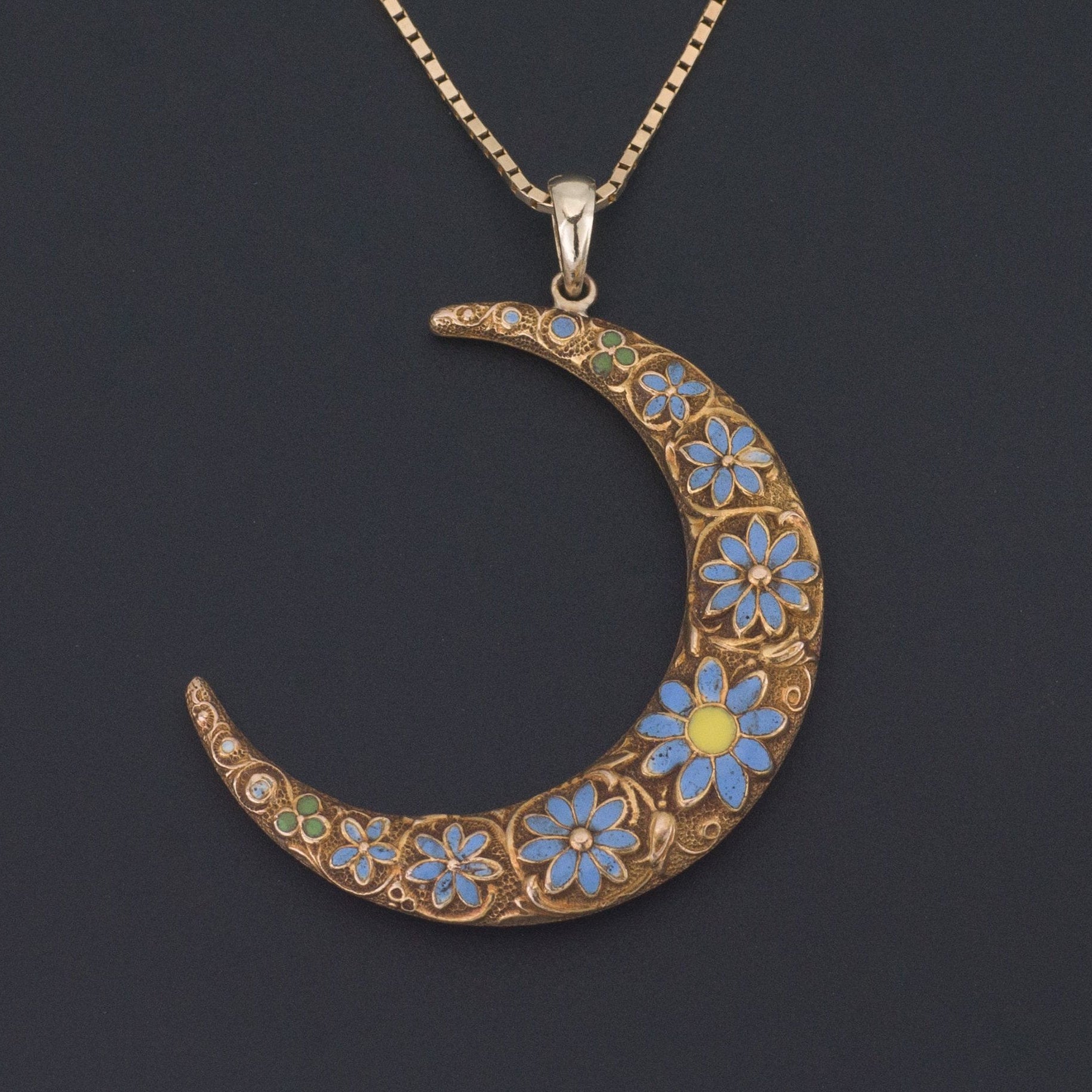 Crescent Moon | Forget-me-not Crescent Pendant | Large 14k Gold Crescent Moon Pendant | 14k Gold | Antique Pin Conversion Pendant