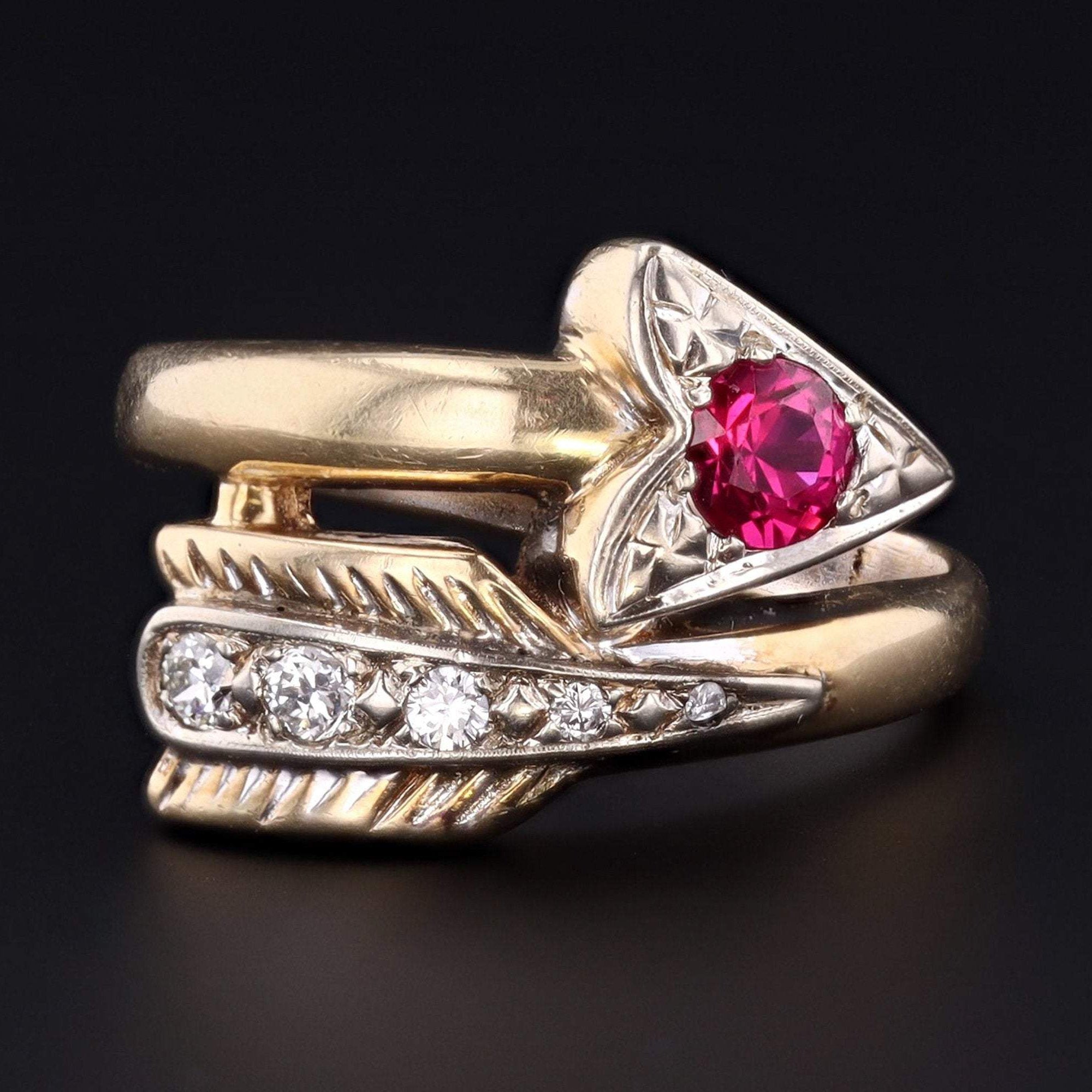 Arrow Ring | Vintage Arrow Ring | 14k Gold Diamond & Synthetic Ruby Ring | Unisex Ring | Men&#39;s Ring