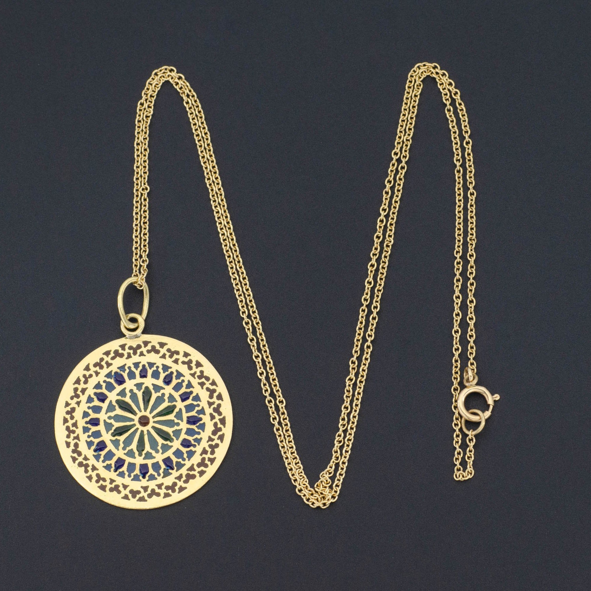 Plique a Jour Enamel Flower Pendant Necklace in Rose Gold Vermeil