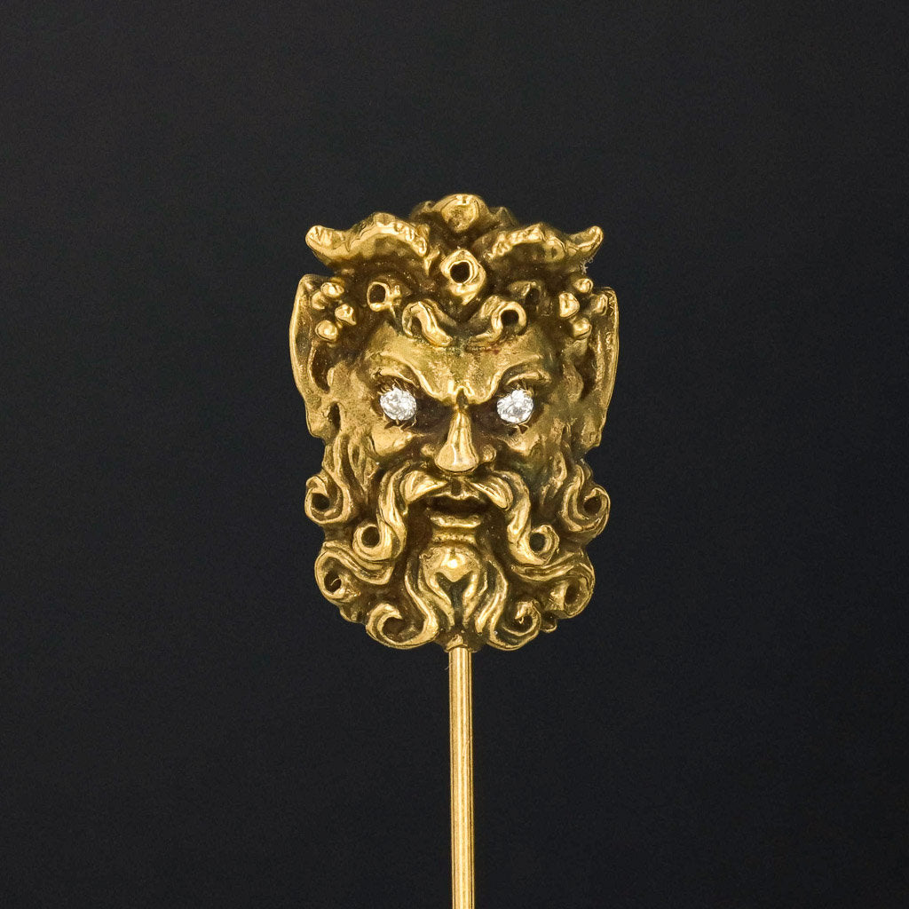 Antique Satyr Stick Pin | Vintage Stick Pin | 14k Gold Stick Pin with Diamond | Unisex Jewelry | Men&#39;s Jewelry