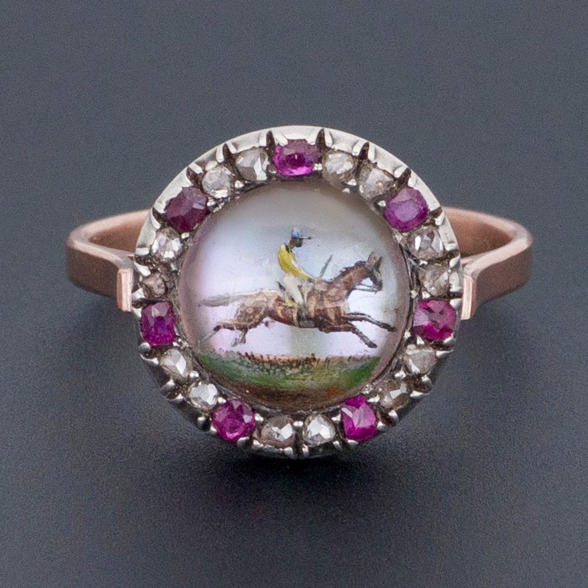 Horse Ring | Antique Reverse Painted Crystal With Rubies and Diamonds | Race Horse & Jockey Ring | 14k Rose Gold Charm