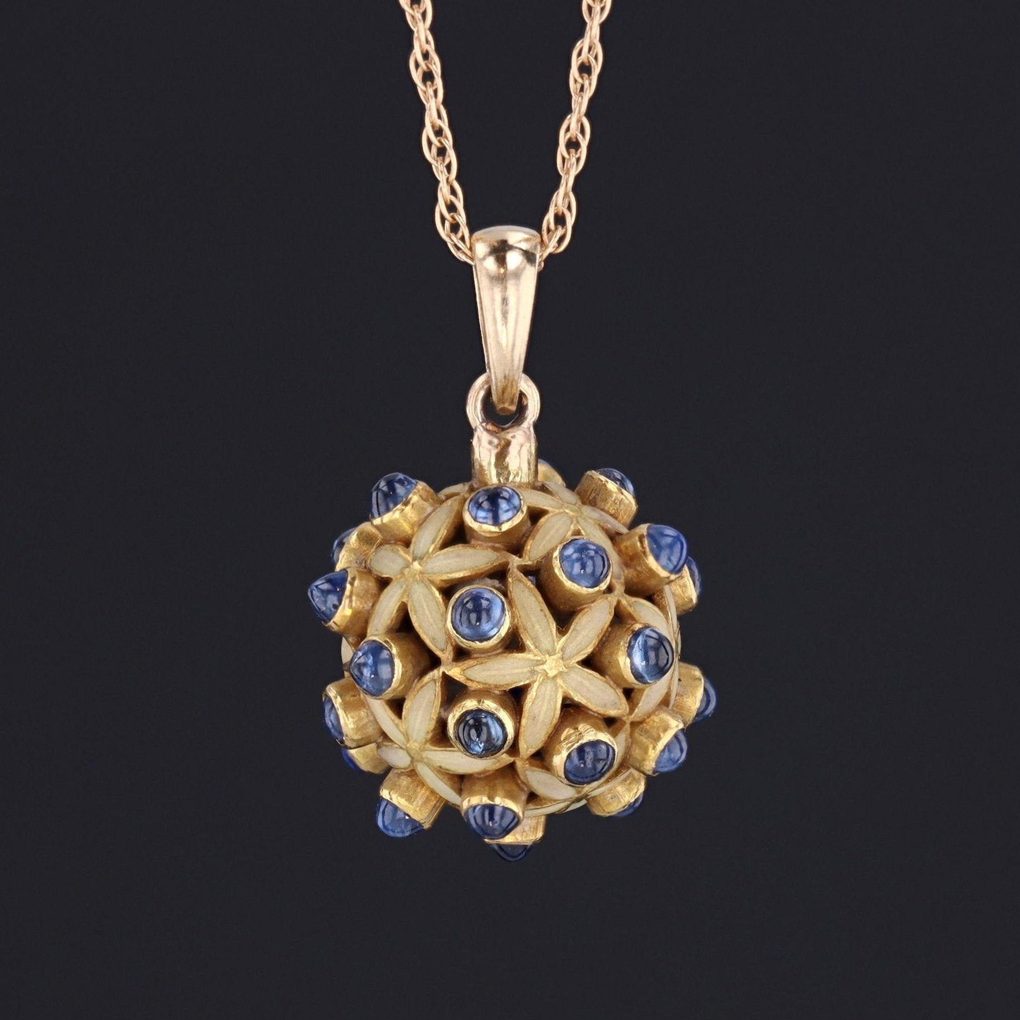 Sapphire & Enamel Ball Pendant | Antique Sapphire Charm | Antique Pin Conversion | 14k Gold Charm