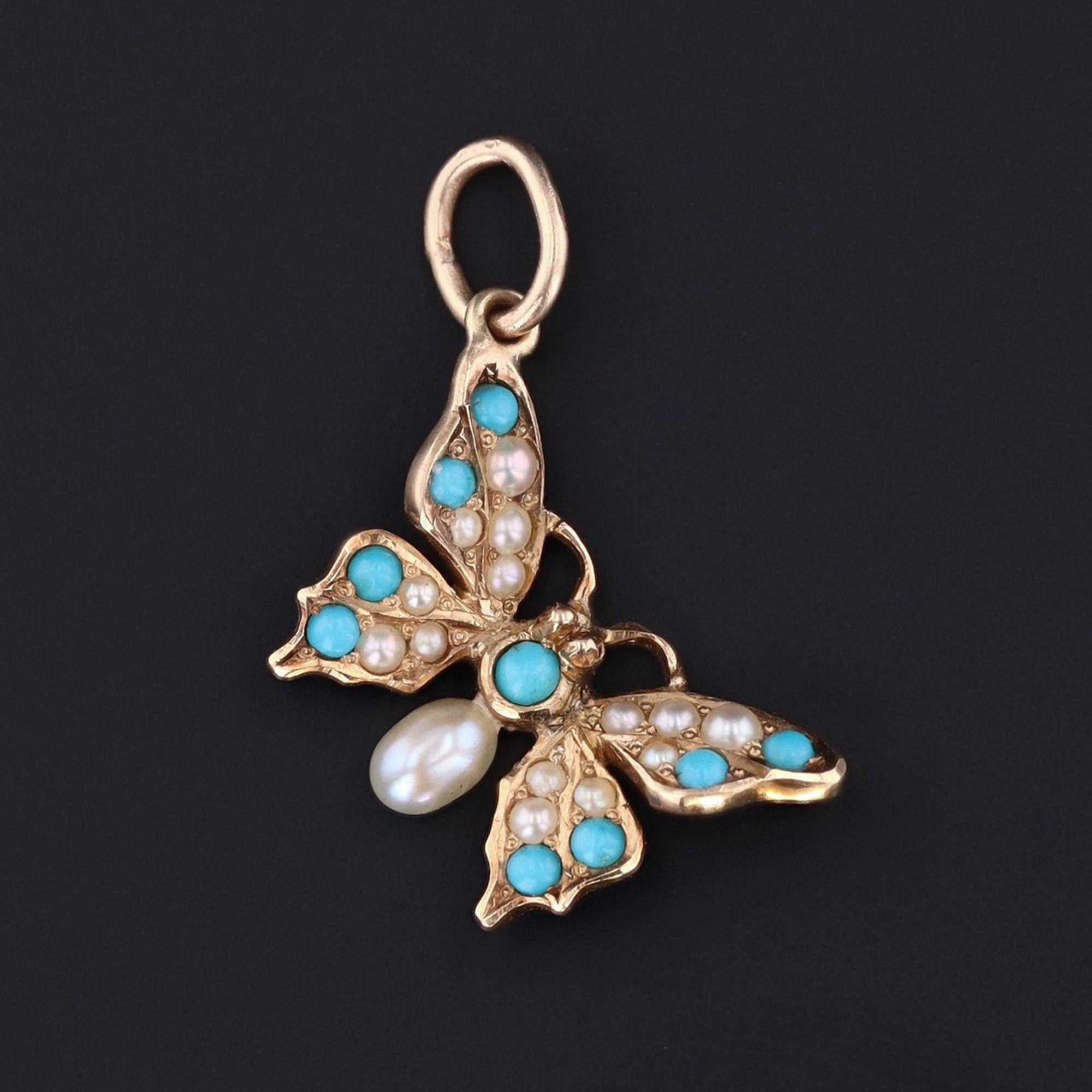 Butterfly Charm | Antique Butterfly Charm or Pendant | Turquoise & Pearl Butterfly | 14k Gold Charm | Pin Conversion