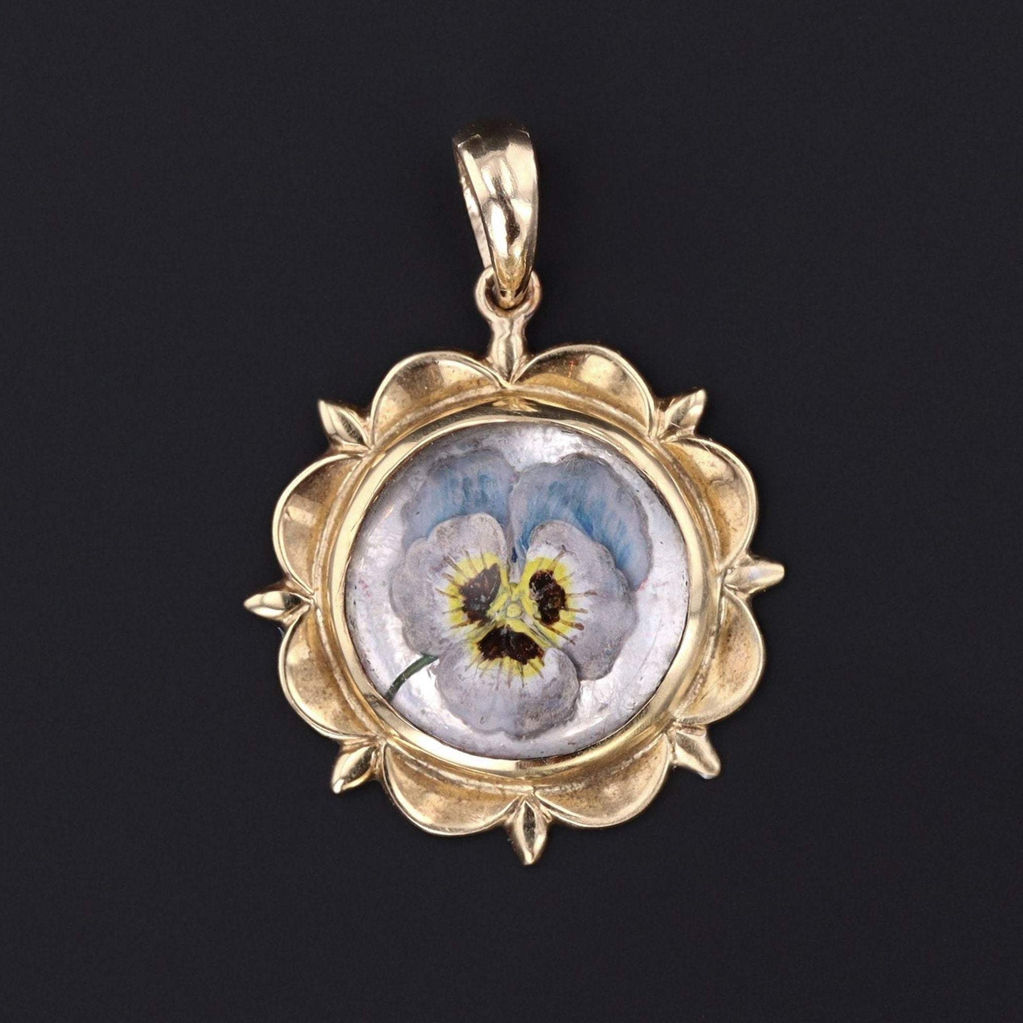 Antique Pansy Charm | Antique Reverse Painted Crystal Pansy Charm | 14k Gold Flower Charm | Brooch Conversion