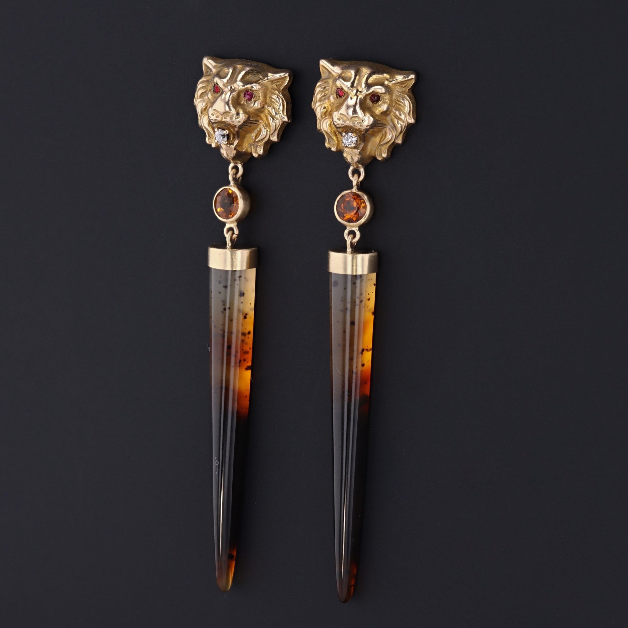 Lion Earrings | Montana Agate Earrings | Statement Earrings | 14k Gold Earrings with Citrines and Diamonds