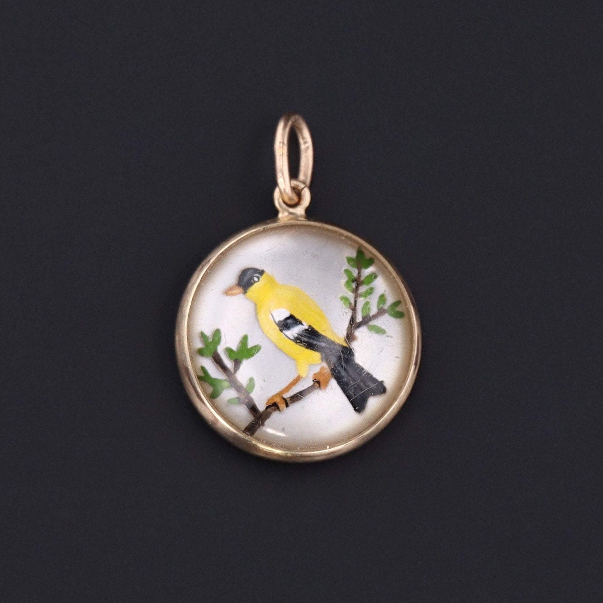 Goldfinch Charm | Antique Reverse Painted Crystal Bird Charm | Yellow Finch Charm | 14k Gold Charm