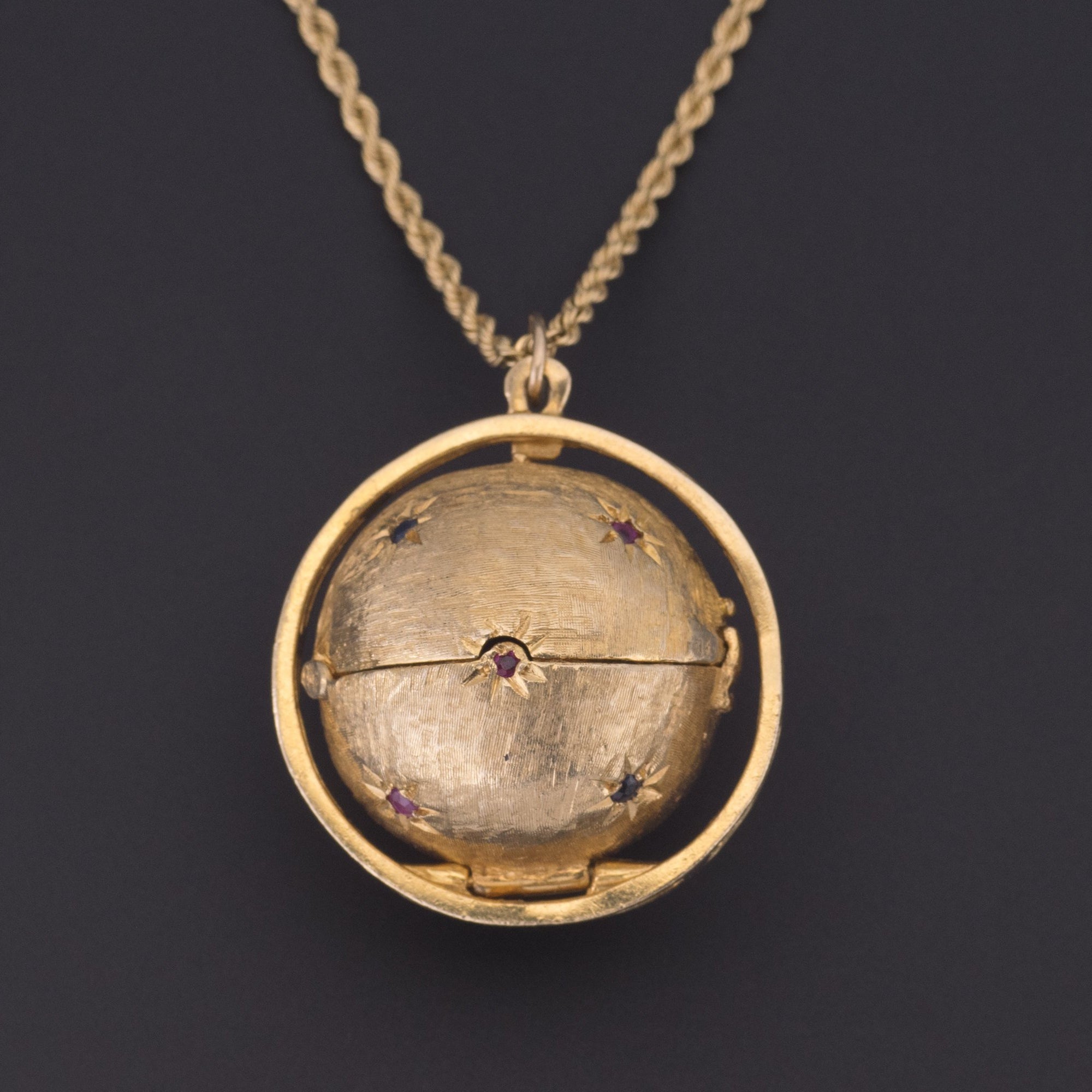 Vintage Orb Locket | Antique Sapphire & Ruby Locket | 14k Gold Ball Locket with Optional 14k Gold Chain