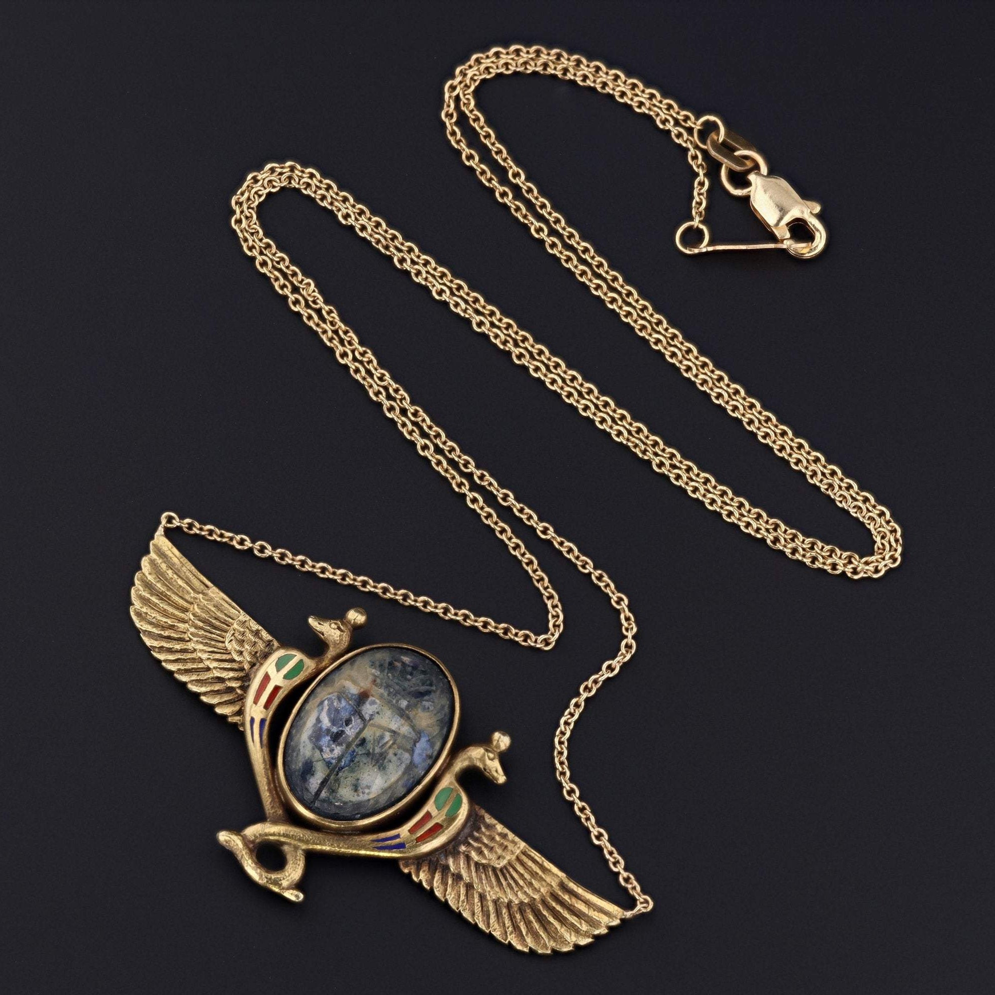 Egyptian Revival Necklace  | Antique Scarab Necklace | 14k Gold Necklace | Antique Pin Conversion Necklace