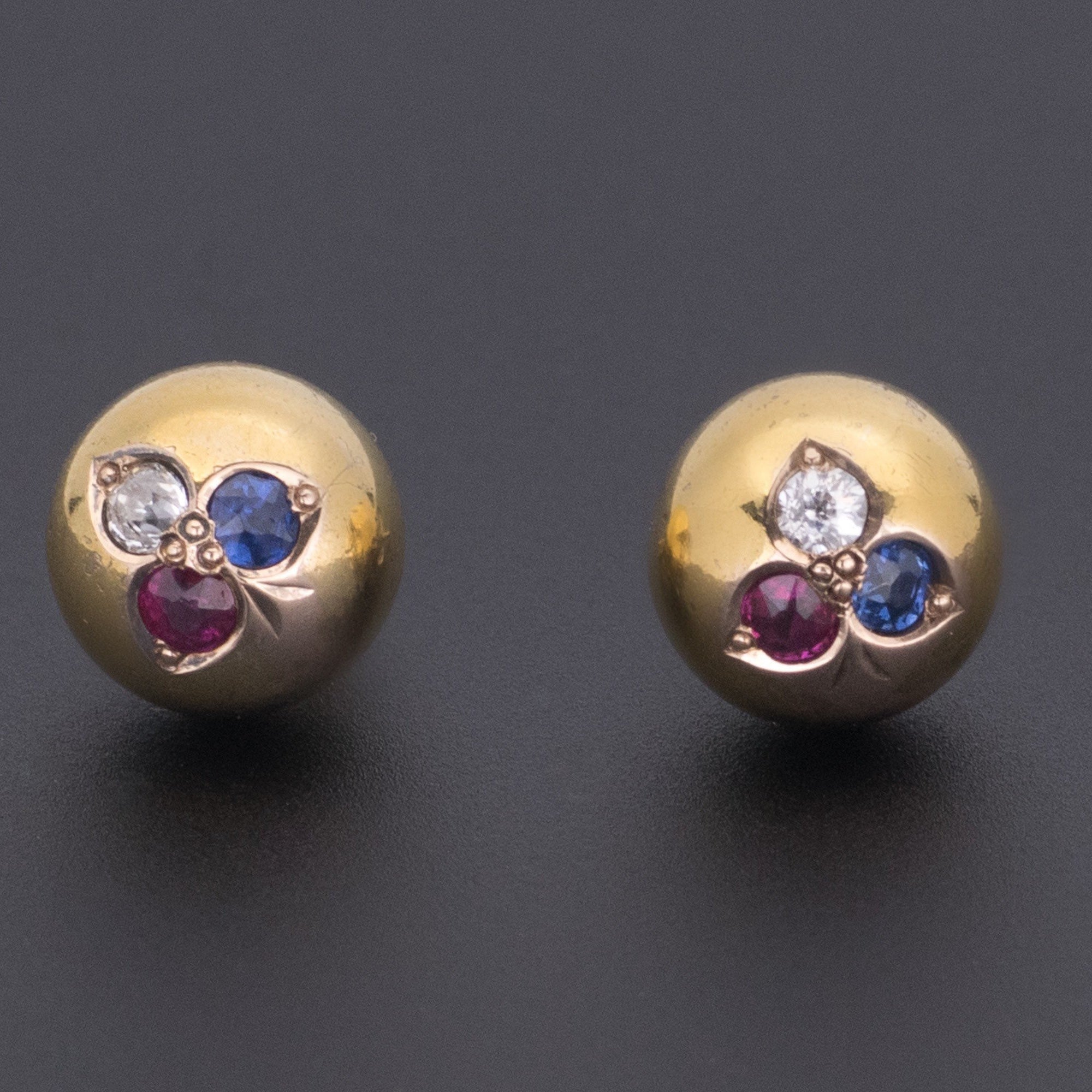 14k God Ball Earrings | Antique Sapphire Ruby and Diamond Shamrock Earrings | 14k Gold Earrings | Antique Earrings