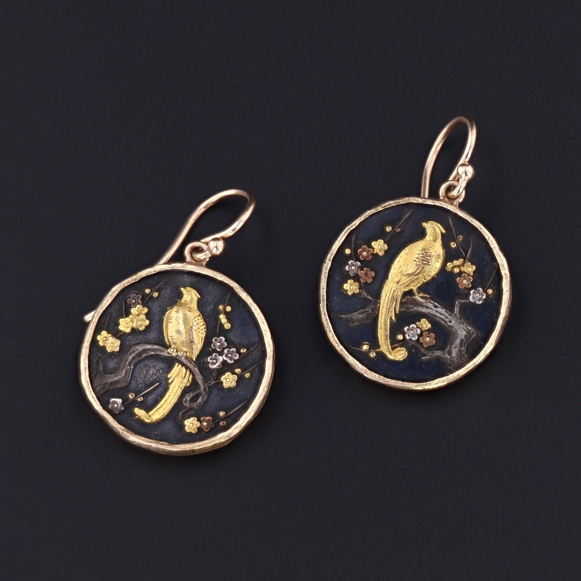 Shakudo Earrings | Antique Shakudo Earrings with Diamonds | 14k Gold Earrings | Dangle Earrings