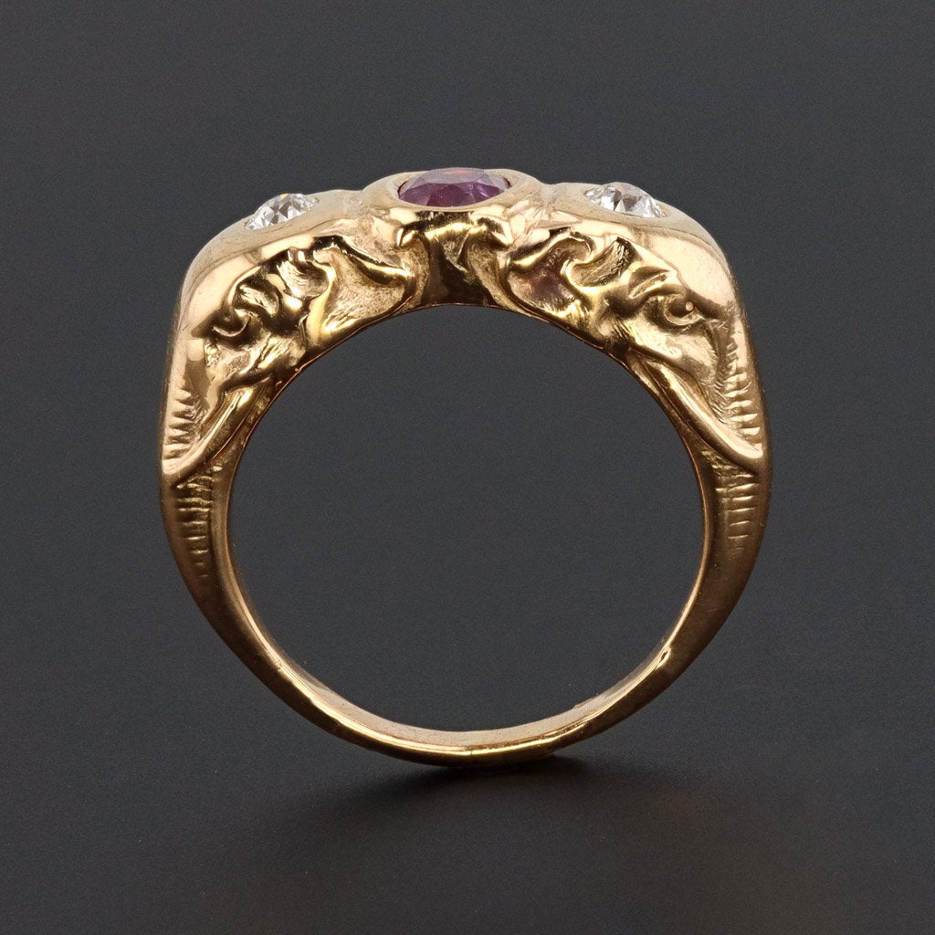 Elephant Ring | Natural No Heat Ruby Ring & Diamond Ring | 14k Gold Ring | Vintage Elephant Ring