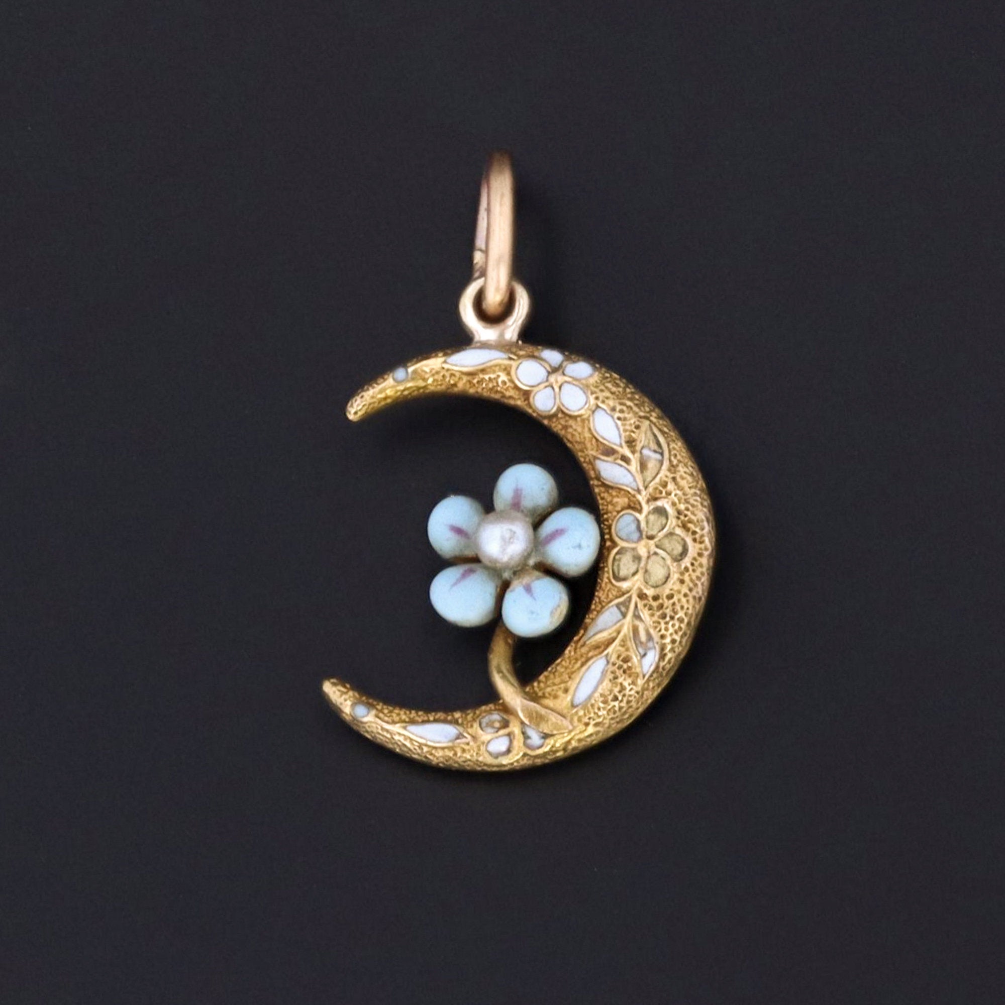 14k Gold Crescent Moon Charm | Forget-me-not Crescent Charm | Enamel Charm | 14k Gold Charm | Flower Charm | Crescent Moon Pendant