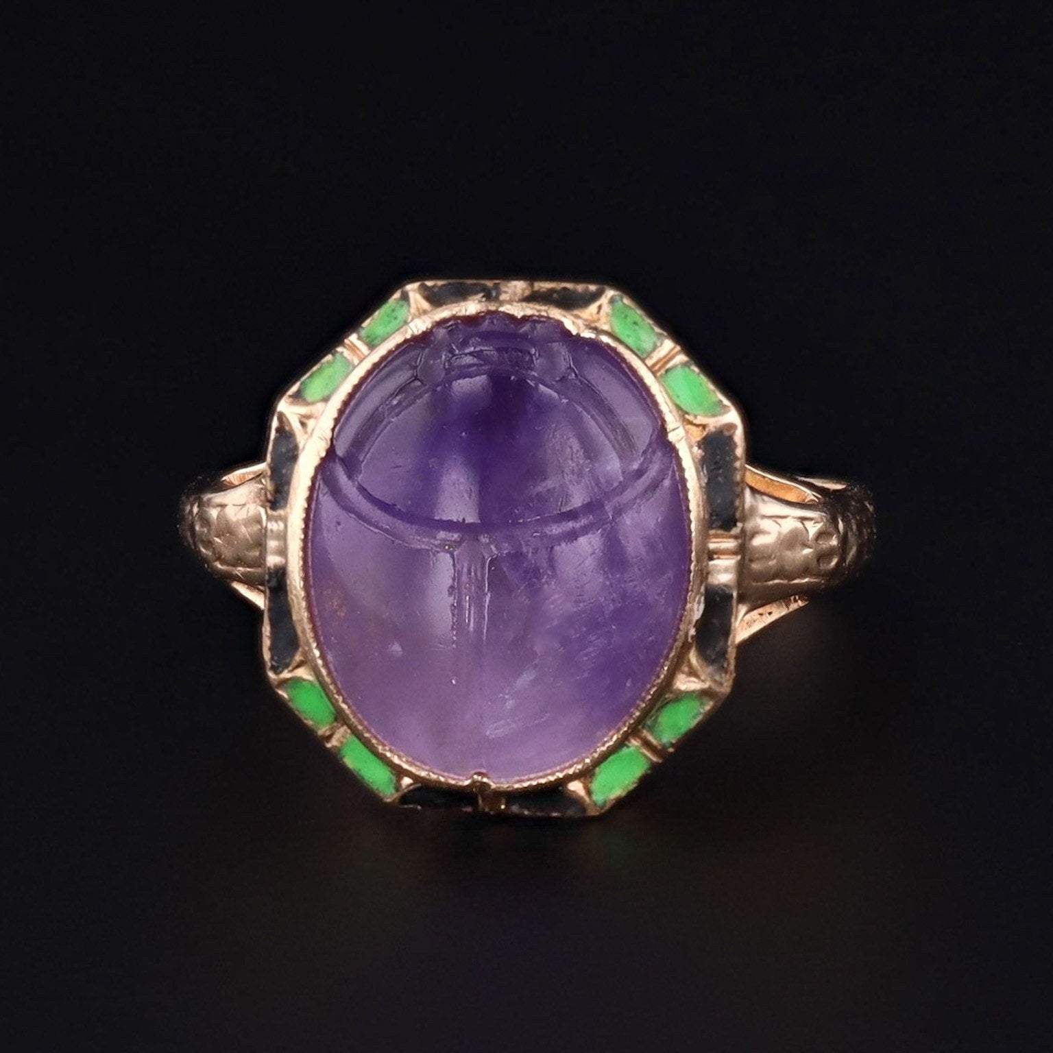 Amethyst & Enamel Scarab Ring | Vintage Ring | Scarab Ring | 14k Gold Ring | Carved Amethyst Scarab Ring