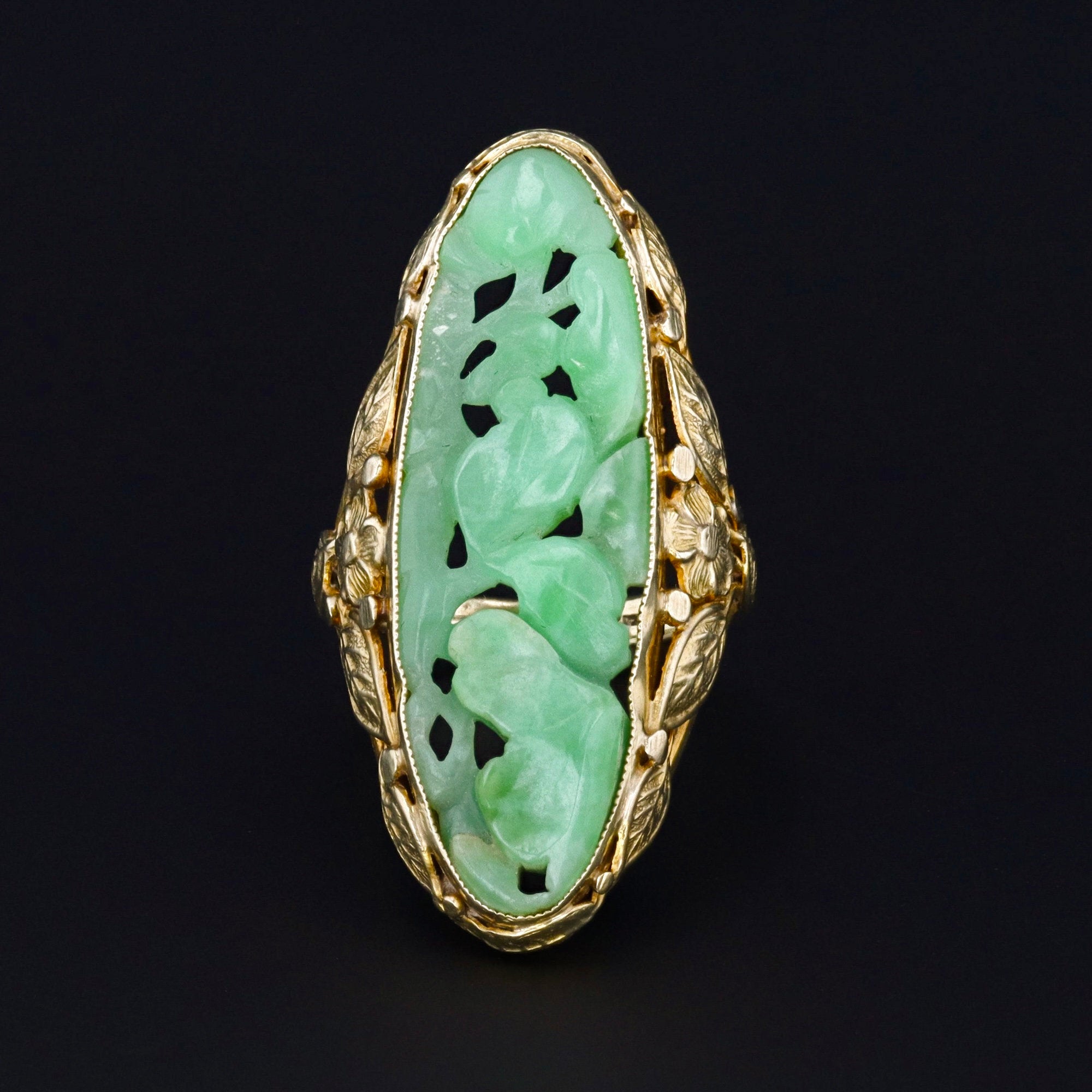 Art Deco Jade Ring | Carved Jade Ring - Trademark Antiques