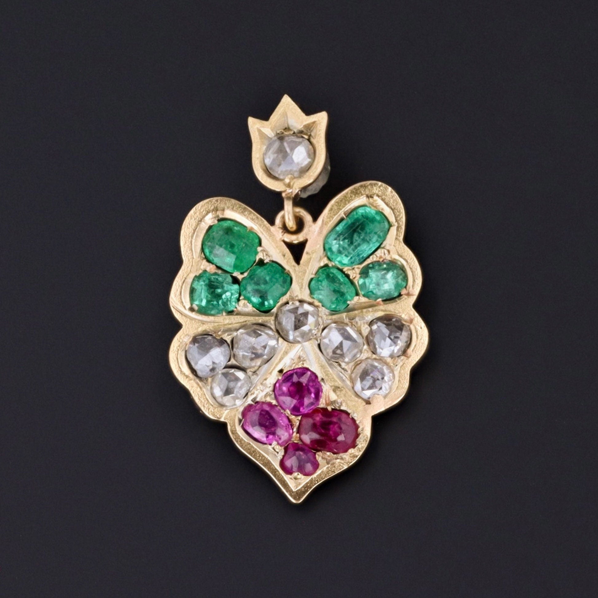 Antique Pansy Pendant | Ruby Emerald & Diamond Pansy 