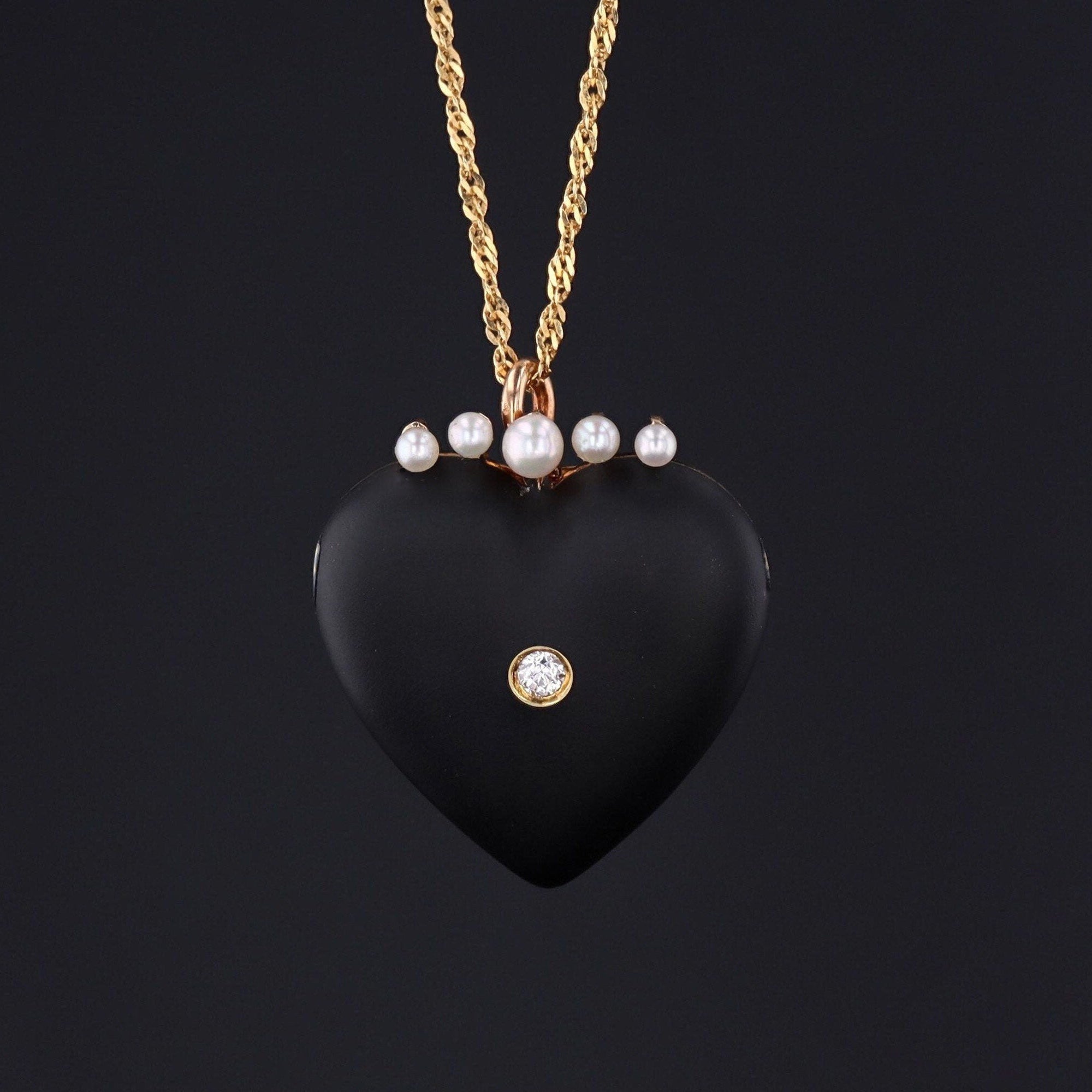 Heart Pendant or Brooch | Antique Black Enamel Diamond & Pearl Heart 