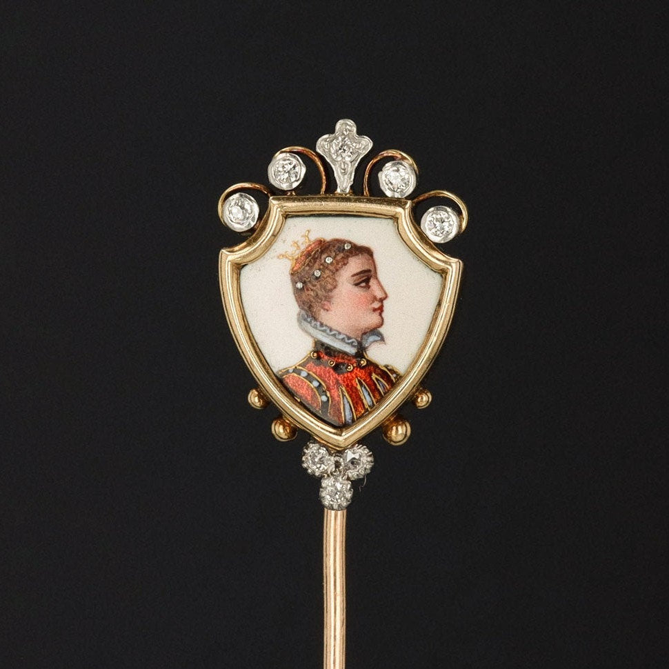 Antique Limoges Style Enamel Stick Pin | Antique Stick Pin | 18k Gold Stick Pin with Diamonds | Bailey Banks & Biddle