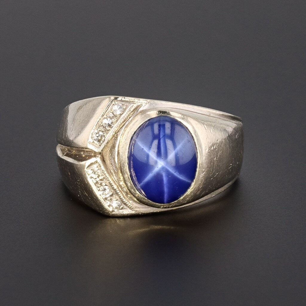 Synthetic Star Sapphire & Diamond Ring | Men's Ring 