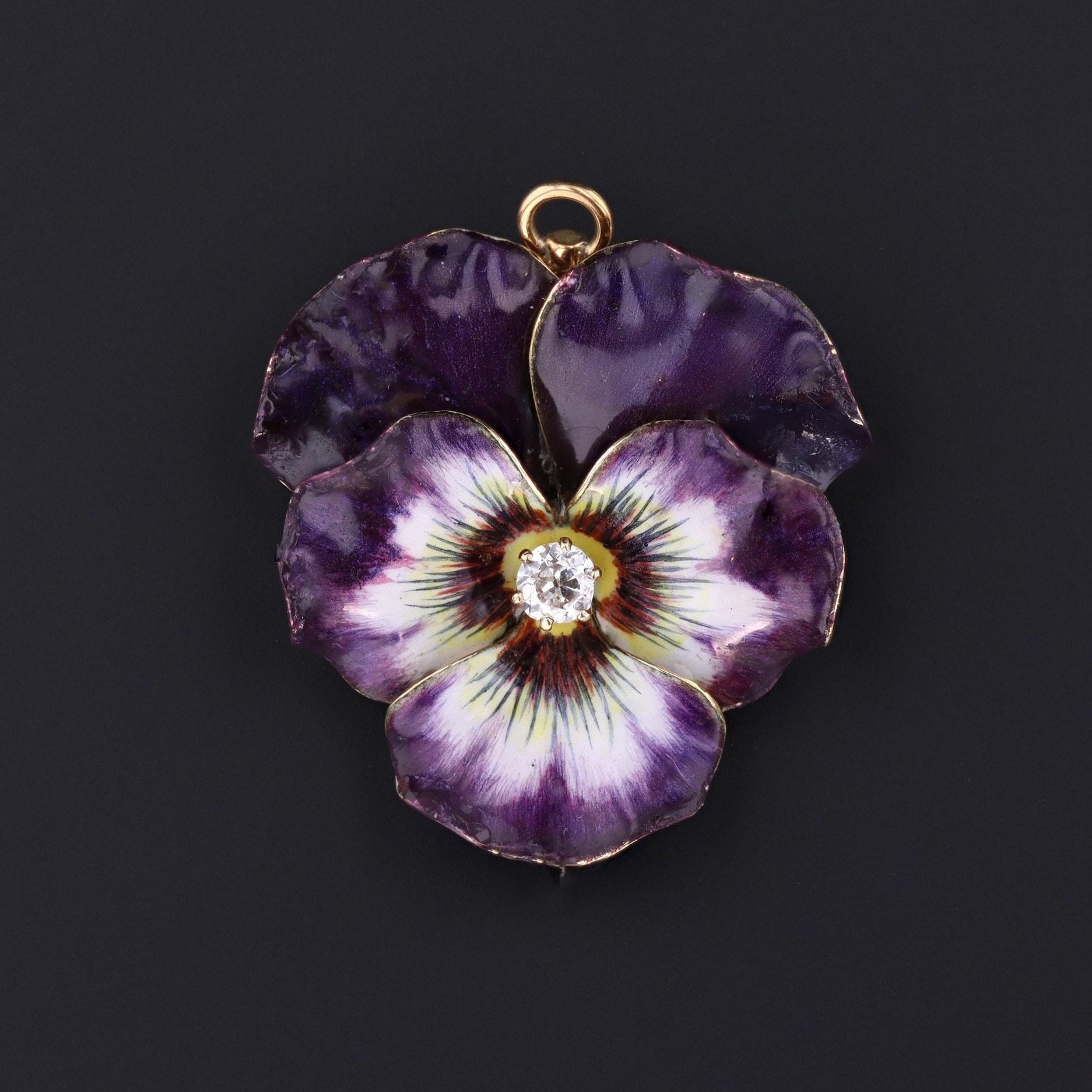 Pansy Pendant or Brooch | 14k Gold & Diamond Pansy Brooch | Vintage Purple Enamel Pansy