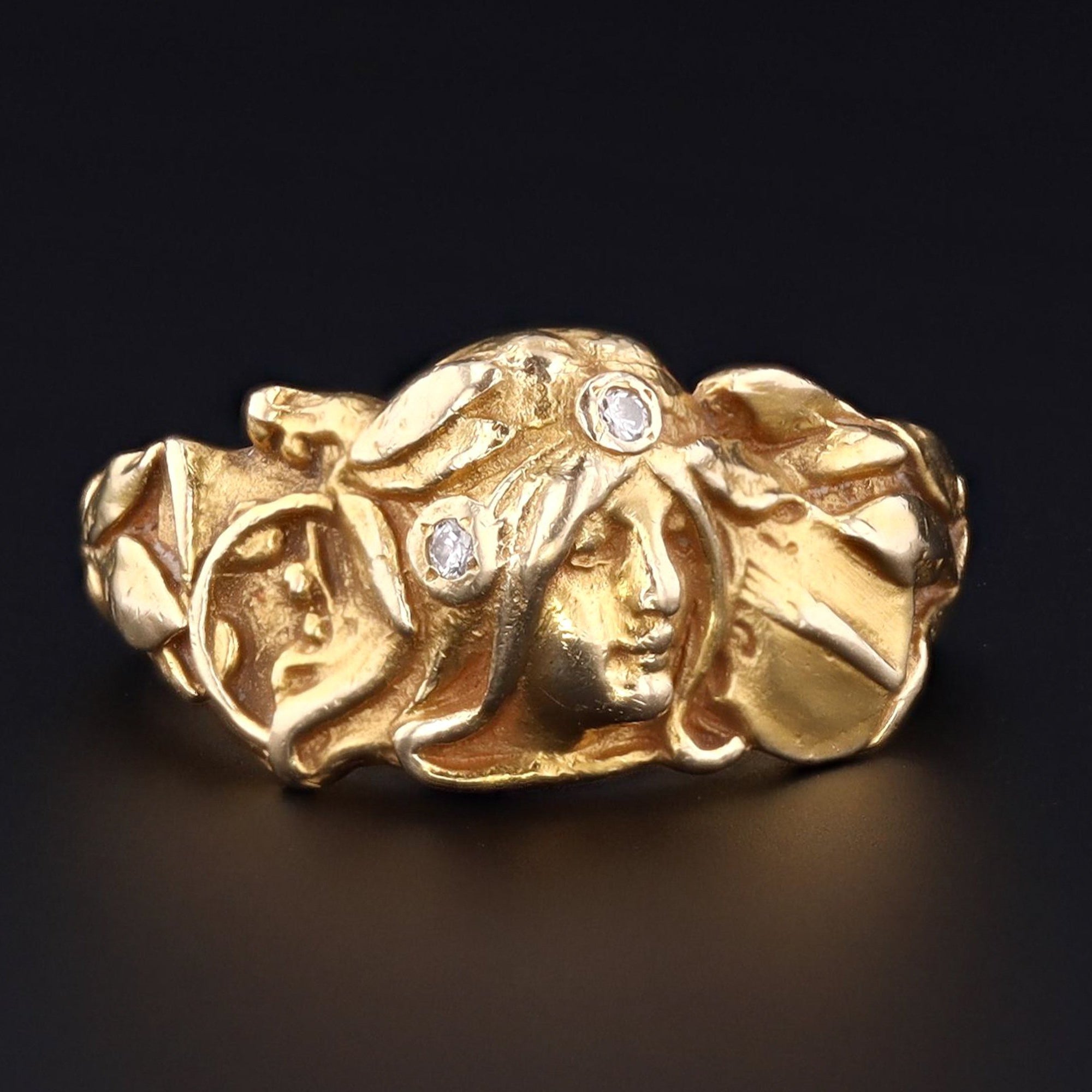 Figural Woman Ring | Art Nouveau Style Ring | Vintage Ring | 14k Gold and Diamond Ring