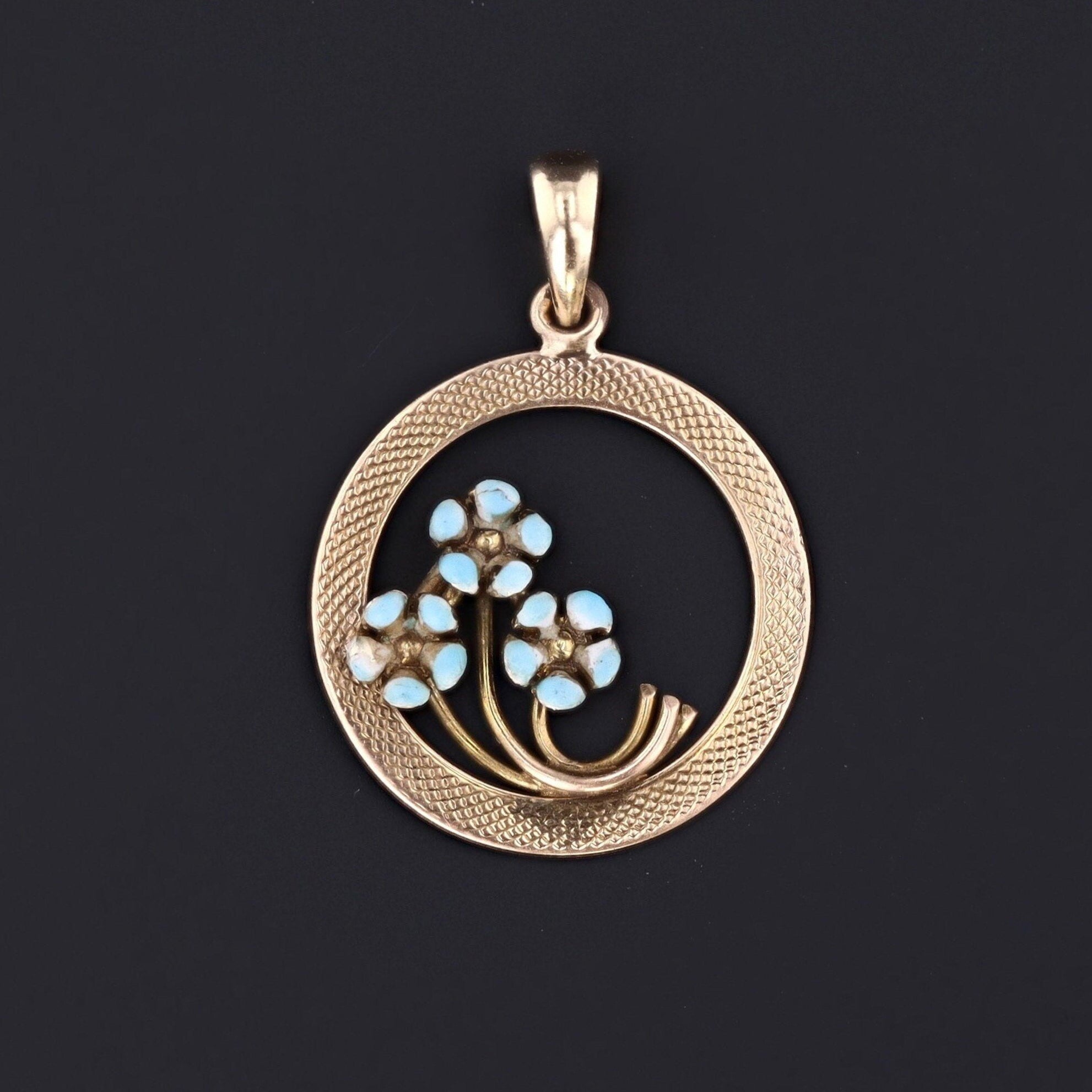 Forget-Me-Not Flowers in Circle Pendant | 10k Gold Circle Pendant 