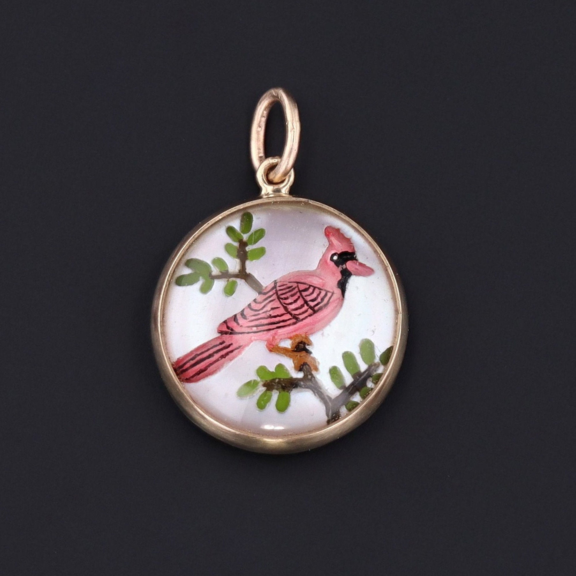 Cardinal Charm | Antique Reverse Painted Crystal Bird Charm | Cardinal Charm | 14k Gold Charm