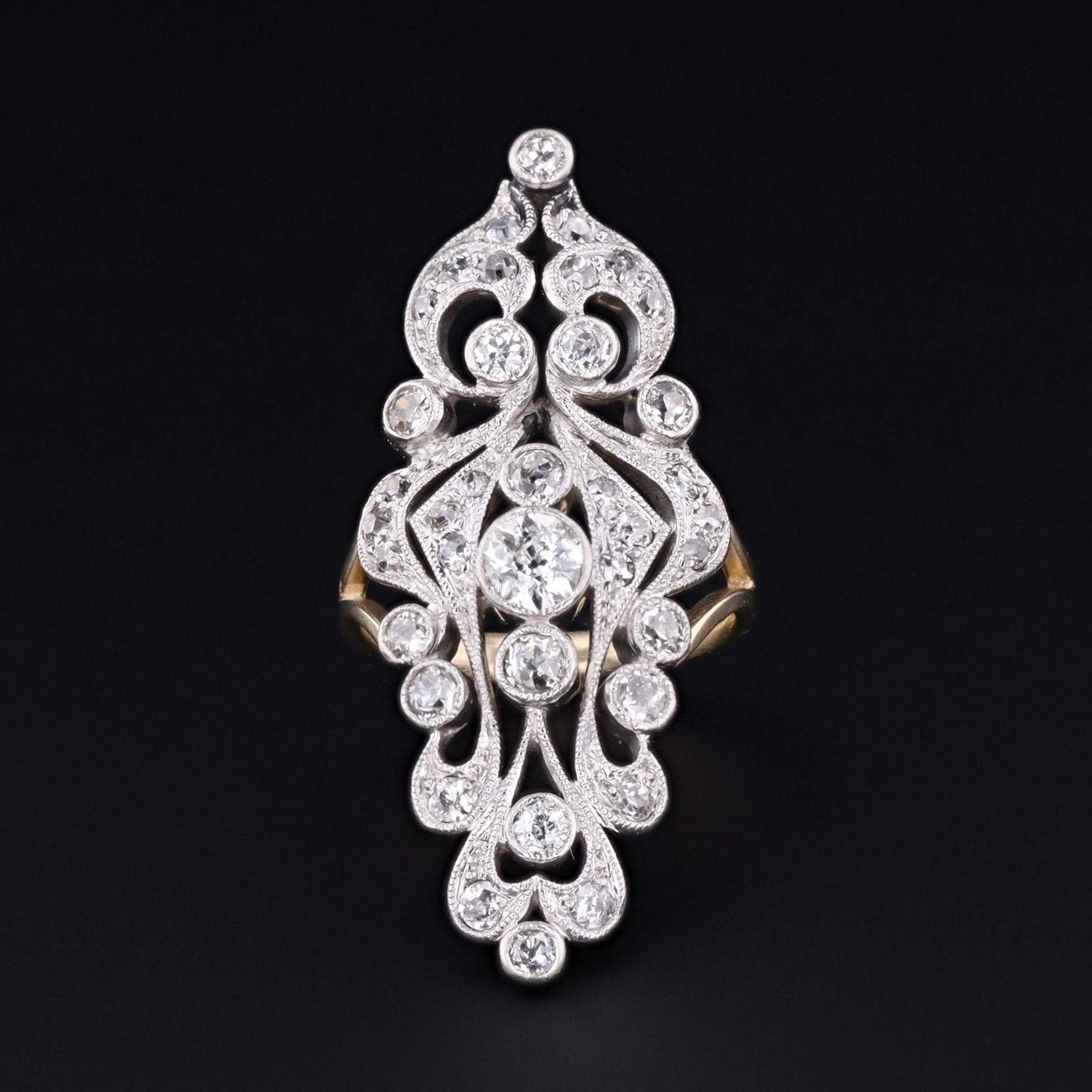 Diamond Statement Ring | Antique Brooch Conversion Ring | Platinum & 14k Gold Ring | Diamond Ring