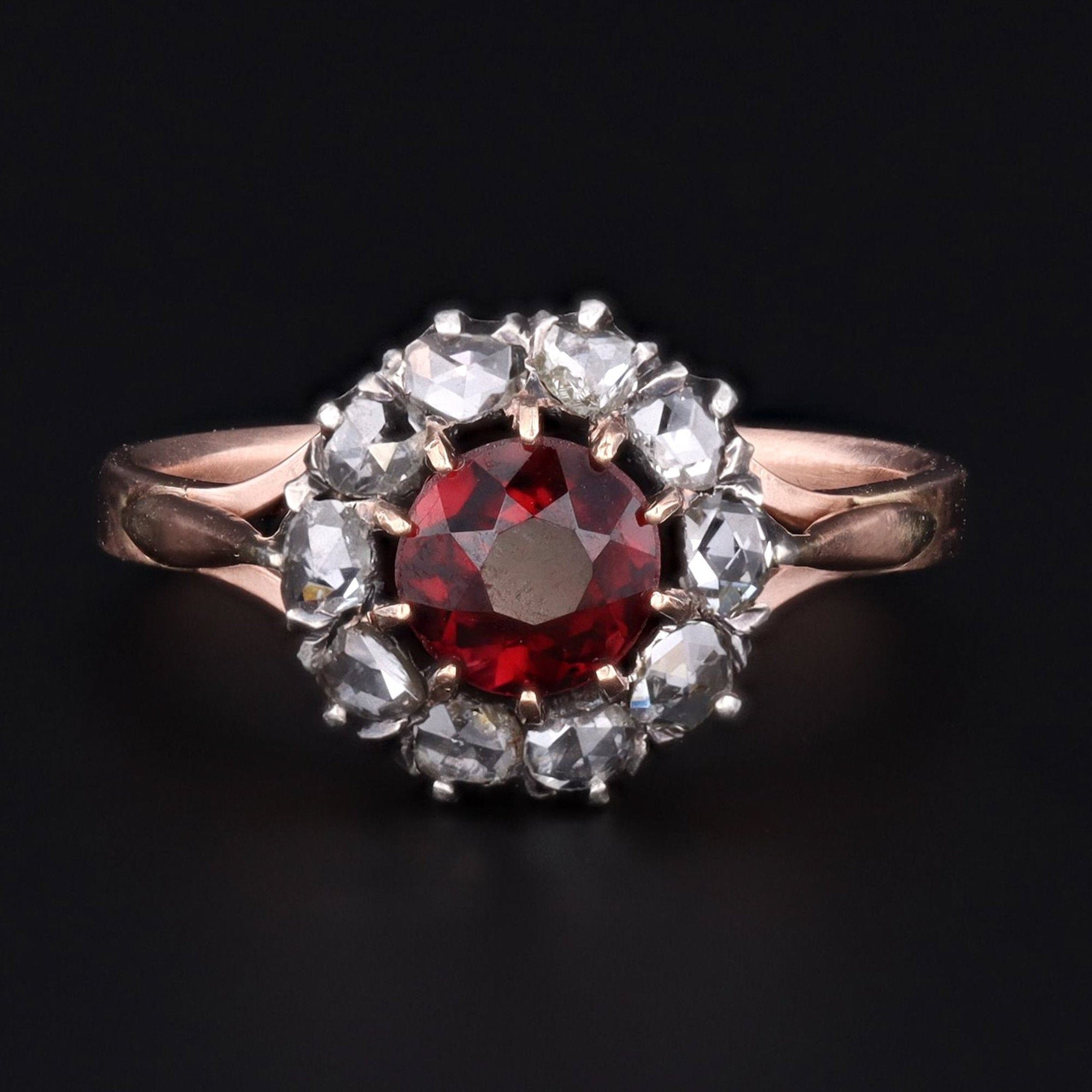 Garnet Ring | Antique Garnet & Rose Cut Diamond Ring | Halo Ring | 14k Rose Gold Ring