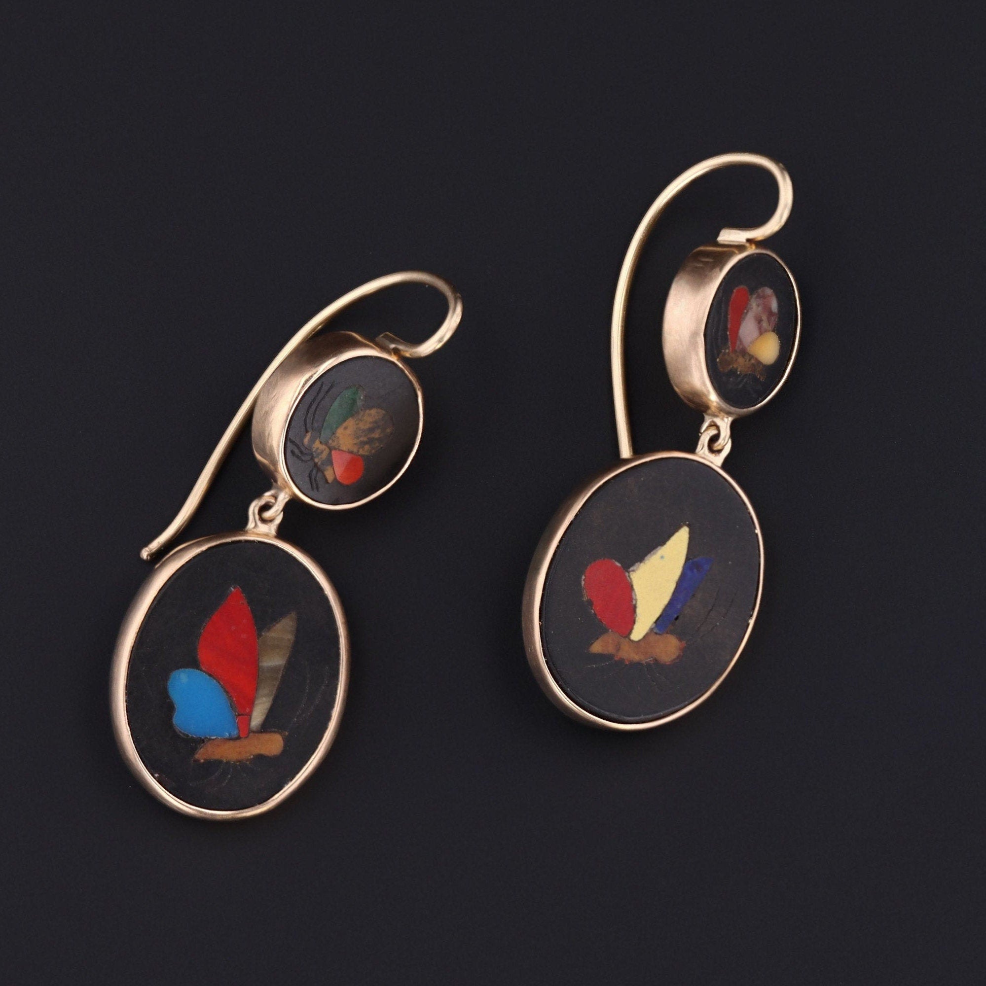 14k Gold Butterfly Earrings | Pietra Dura Earrings 