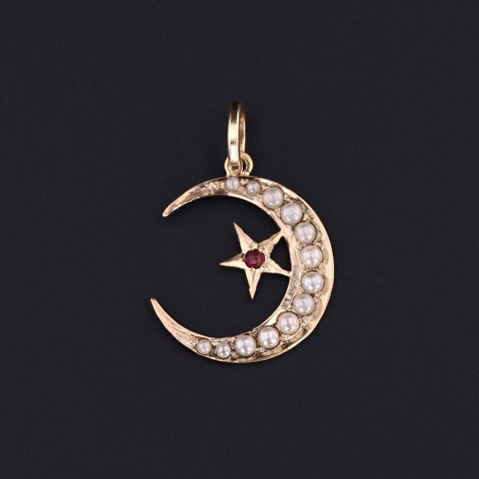 Crescent Moon Pendant | Antique Crescent & Star Pendant | 10k Gold and Simulated Pearl Pendant | Pin Conversion